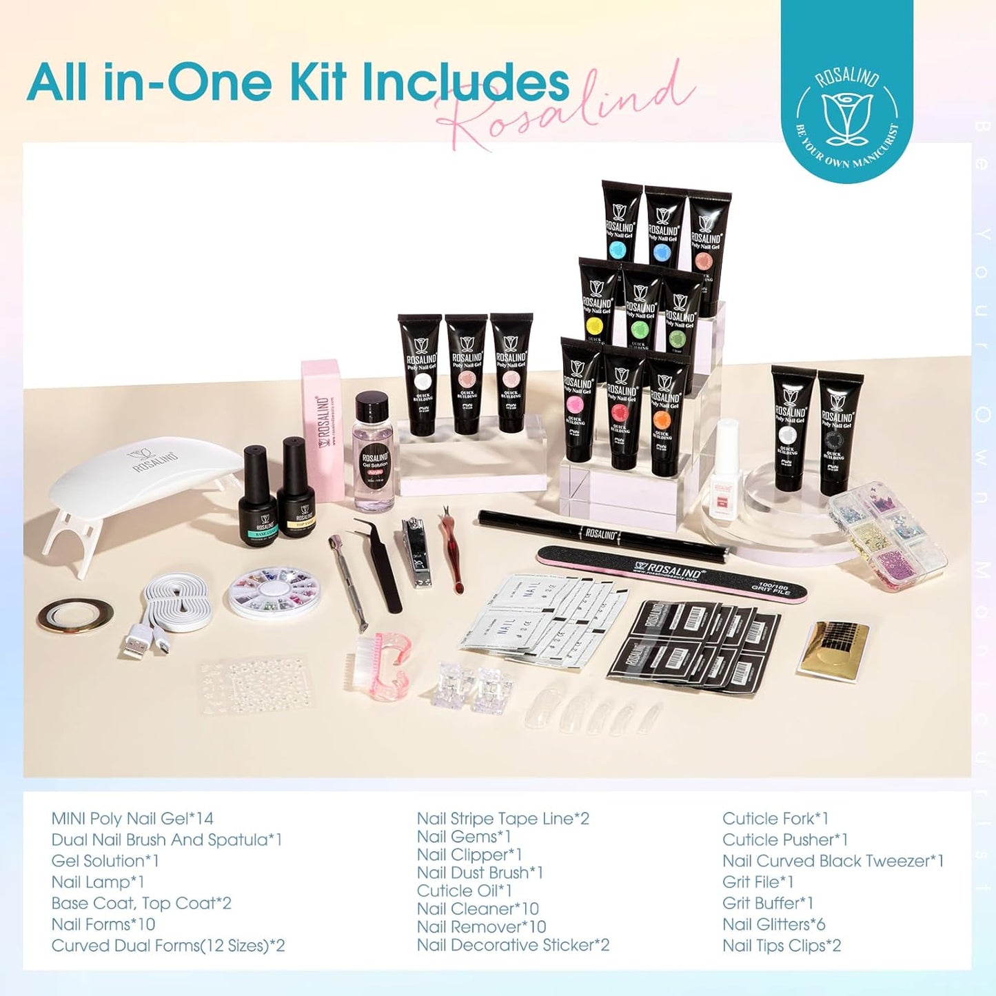 ROSALIND Poly Nail Gel Colors Kit -14 Colors +72 Nail Art Accessories kit Poly Nails Gel Kit Starter Kit with Mini UV Lamp Slip Solution Poly Nail Art Tools for Beginners with Everything