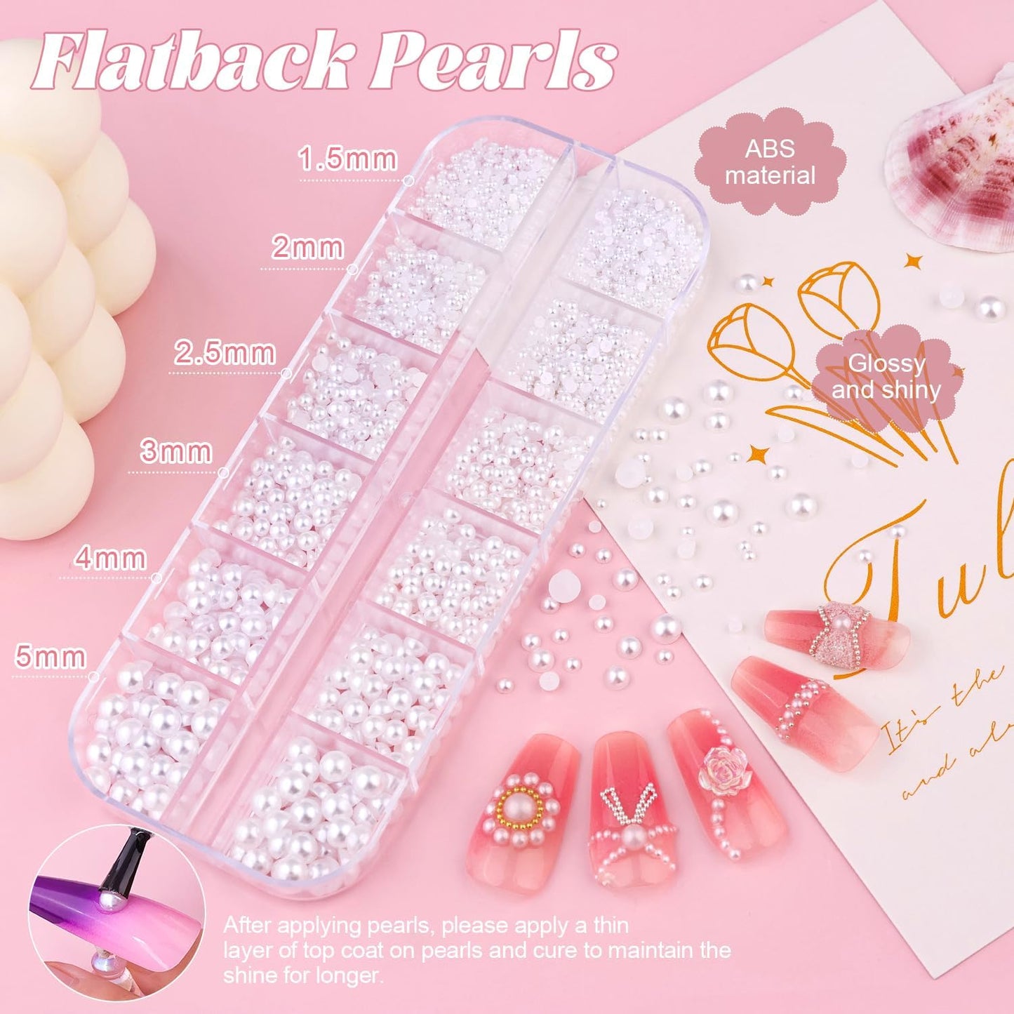 Flatback Pearls and 3D Flowers with Rhinestones Glue Gel for Nail Art, Pearl and Flower Nail Charms with Mini Round Caviar Beads