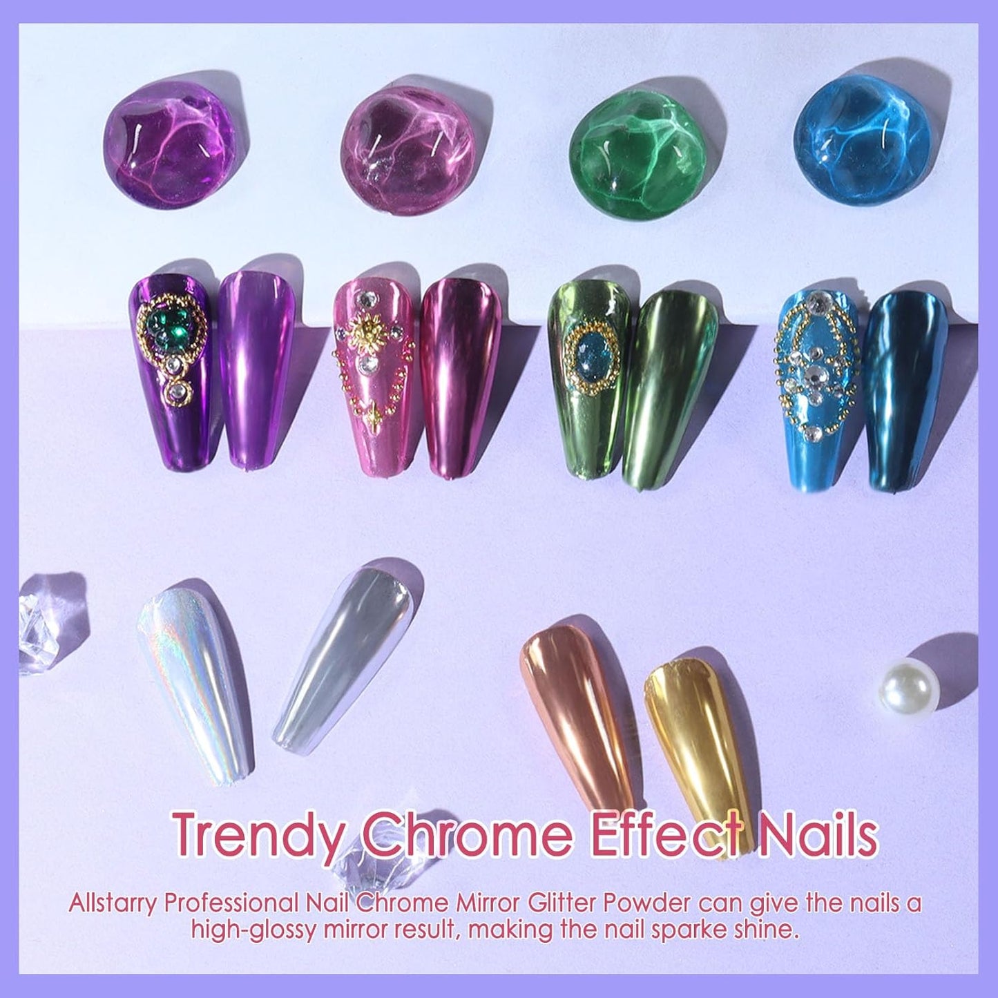 Allstarry Chrome Nail Powder Kit - 32 Colors Metallic Mirror Effect Holographic Manicure Pigment Glitter Powder for Nail Art Decoration Gel Polish with 32 Pcs Eyeshadow Sticks