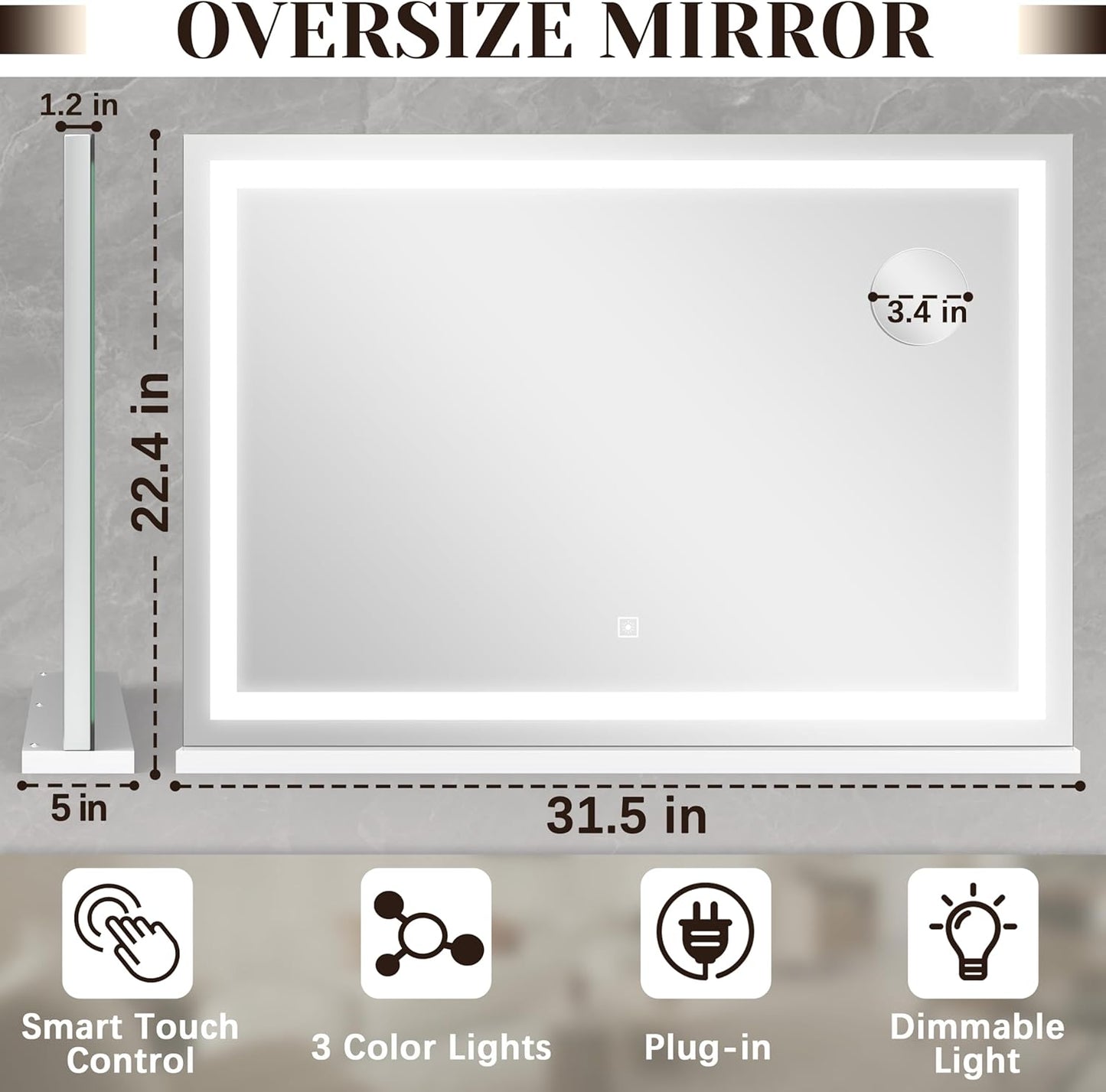 31" x 22" Large Lighted Vanity Mirror with Lights, Dimmable 3 Modes, LED Makeup Mirror for Bathroom ＆ Dressing Room, Tabletop or Wall-Mounted, 10X Magnification, White
