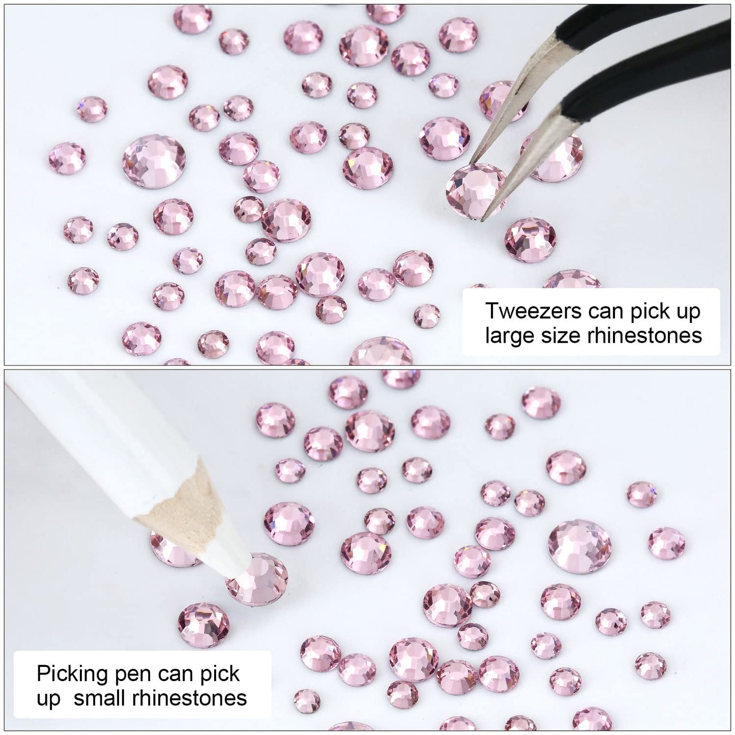 4240Pcs Flatback Pink Rhinestones Glass Crystal Gemstones for Nail Art Jewels Makeup Shiny Round with Tweezers and Picking Pen (SS6~SS20 Set)