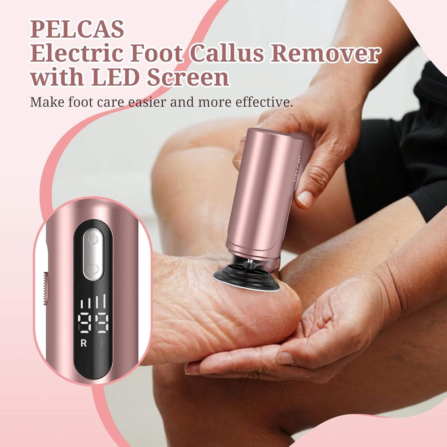 PELCAS Electric Foot Callus Remover with LED Screen, 2 in 1 Manicure & Pedicure Kit, Upgraded Electric Foot File for Women & Men, Cordless Feet Filer for Foot Callus, Thick Nails, Finger Nails Pink