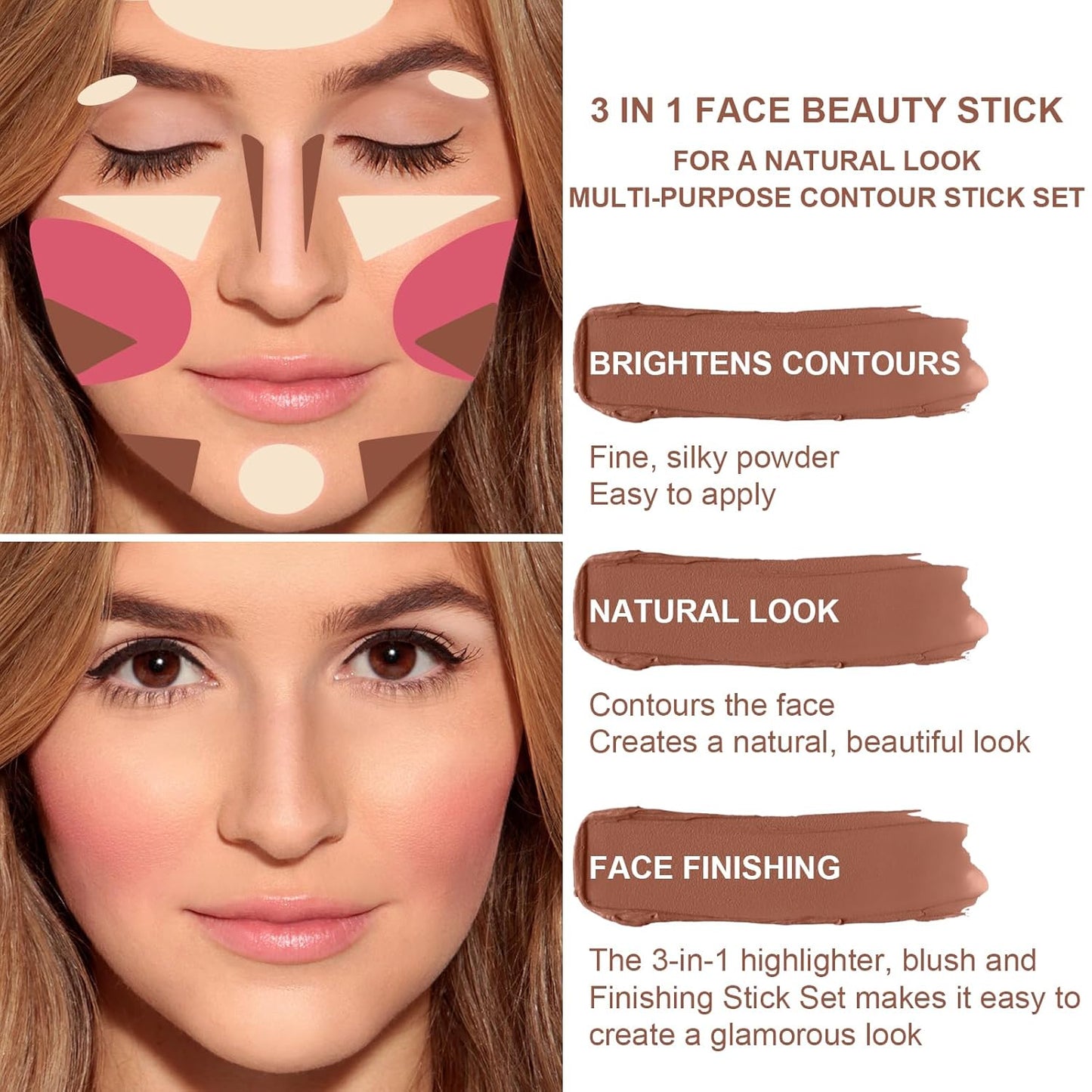 3 Colors Cream Contour Stick, Shades with Highlighter Stick,Blush Stick and Bronzer Contour Stick for Sculpt the Cheeks,Long Lasting,Waterproof,Matte & Dewy Finish for Women (LIGHT(1+3+4))