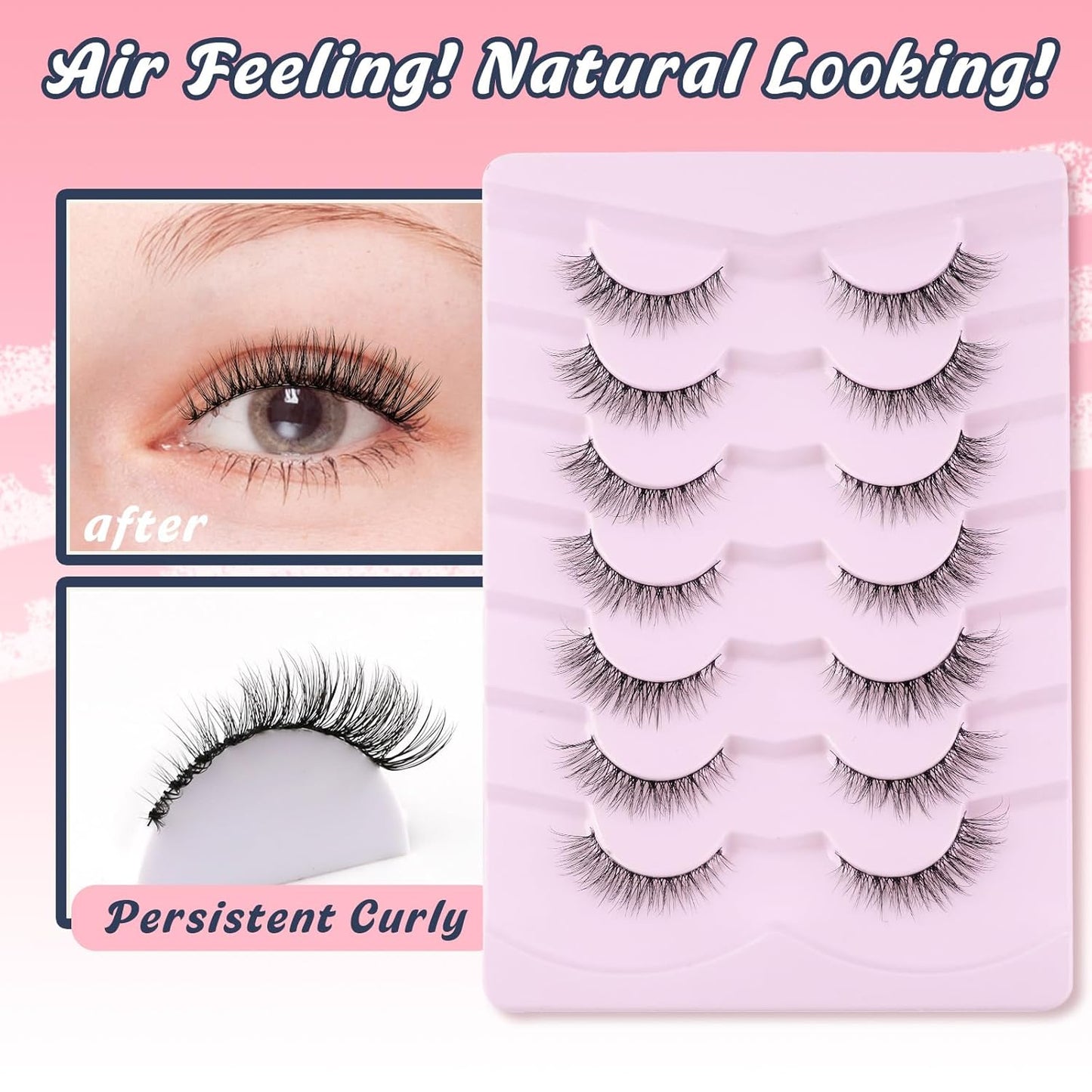 Natural Lashes Wispy Cat Eye Lashes 12mm False Eyelashes Natural Look Strip Lashes Thin Cotton Band Soft Eyelashes 3D Volume Lashes Pack C Curl Siligli Eyelashes 7 Pair