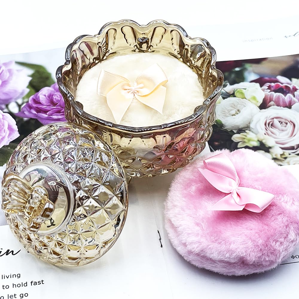 Luxury 4 Inch Glass Powder Container with 2 Soft 3.5" Puffs｜Non-Sealed Refillable puff Jar｜ Loose Powder Storage(Butterfly-Amberl)