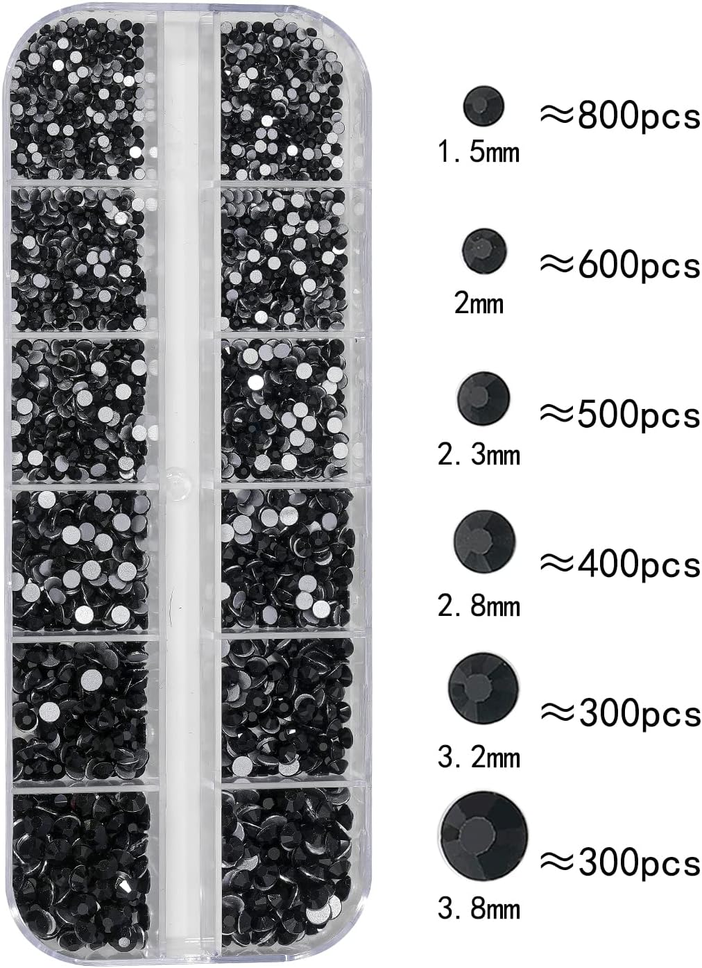 Nail Rhinestones - 3D Multi Shape Size, Flat Back, Manicure Rhinestones Charms, Crystal Black Gems, with Kit, for Nail Art, Bedazzling Acrylic Nails, DIY Decor