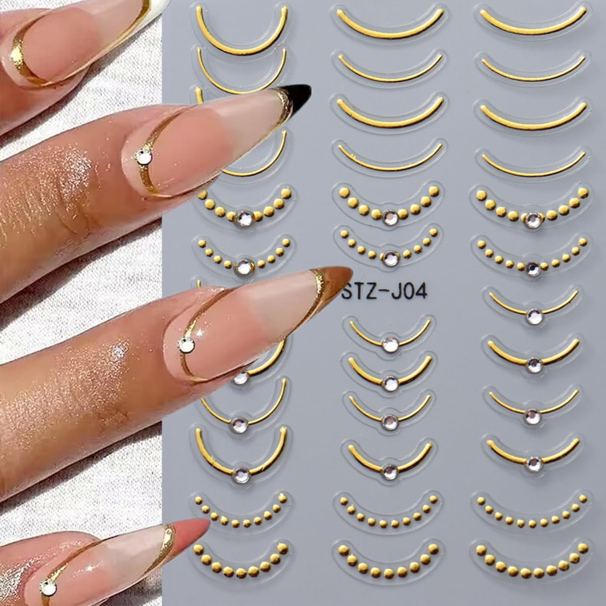 4 Sheets French Tip Nail Art Stickers 5D Simple Gold Silver Line Nail Stickers with Shiny Diamond Design Self-Adhesive Nail Decals French Sticker for Women Manicure Decorations