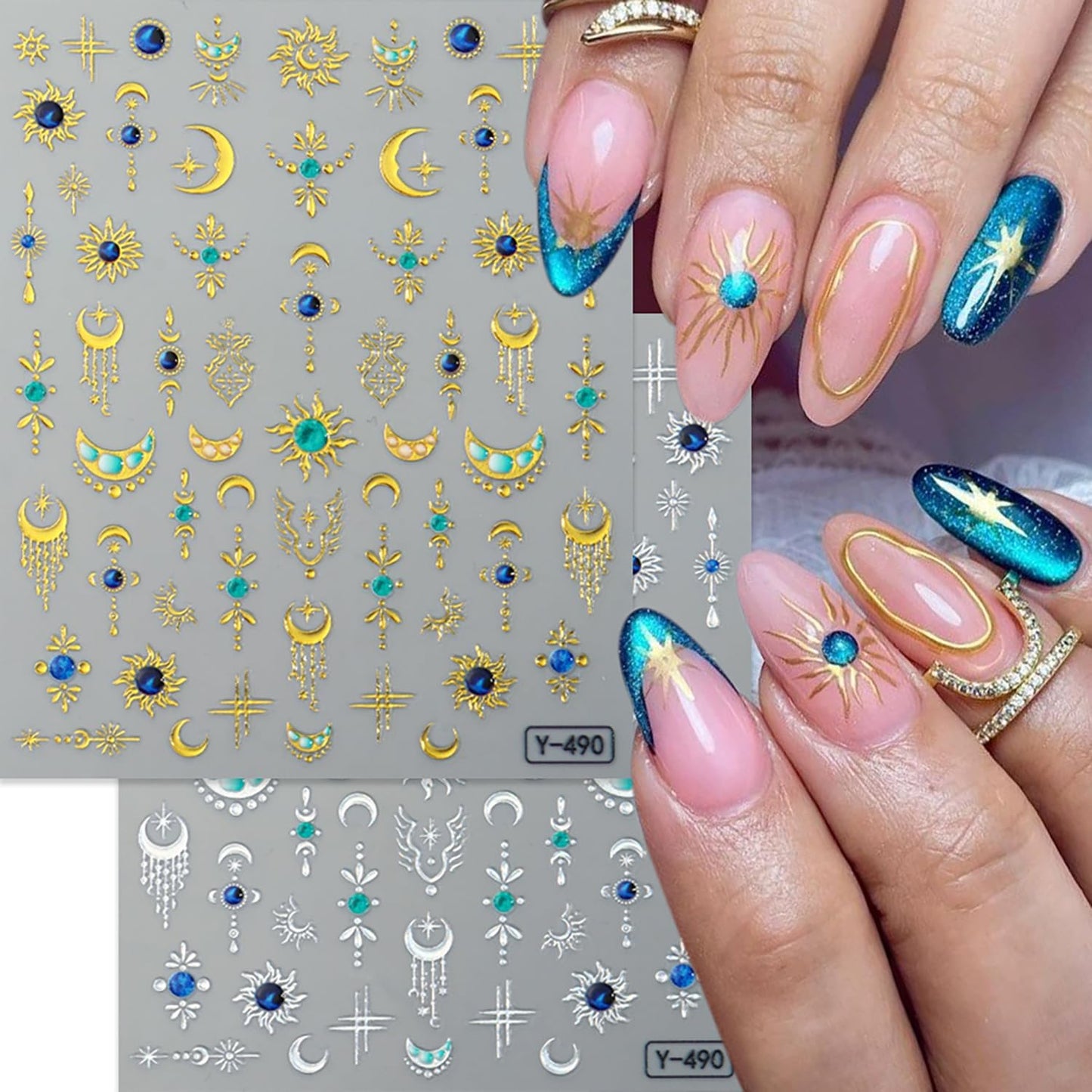 6 Sheets Hot Stamping Gold & Silver Star Nail Art Stickers 3D Self -Adhesive Moon Stars Nail Decals Holographic Pendant Vintage Moon Nail Stickers Unique Nail Decoration for Women Manicure Supplies