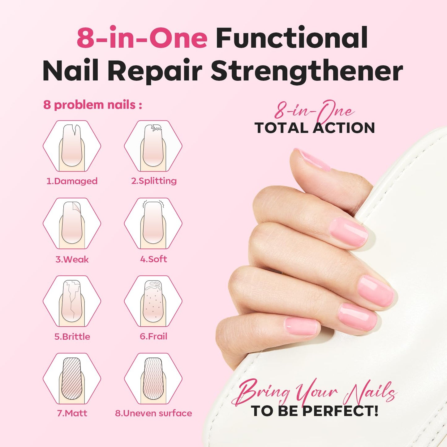 modelones Nail Strengthener Jelly Pink Nail Polish Repair 8-in-One Nail Ridge Filler Nail Strengthener and Growth for Damaged Nails 15ml