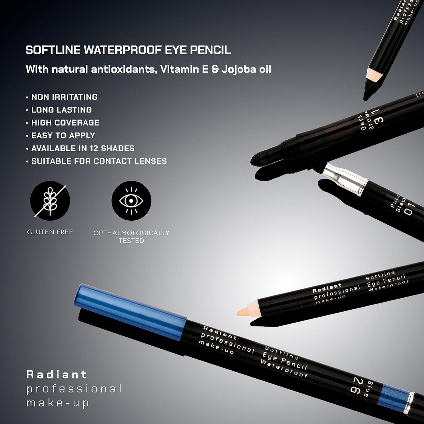 Radiant Professional Black Waterproof Eyeliner Pencil - Eyeliner Waterproof Smudge Proof for Woman - Long Lasting Under Eye Pencil for Smoky Eye - Soft Waterline Eye liner with Smudger Tool -Black(01)