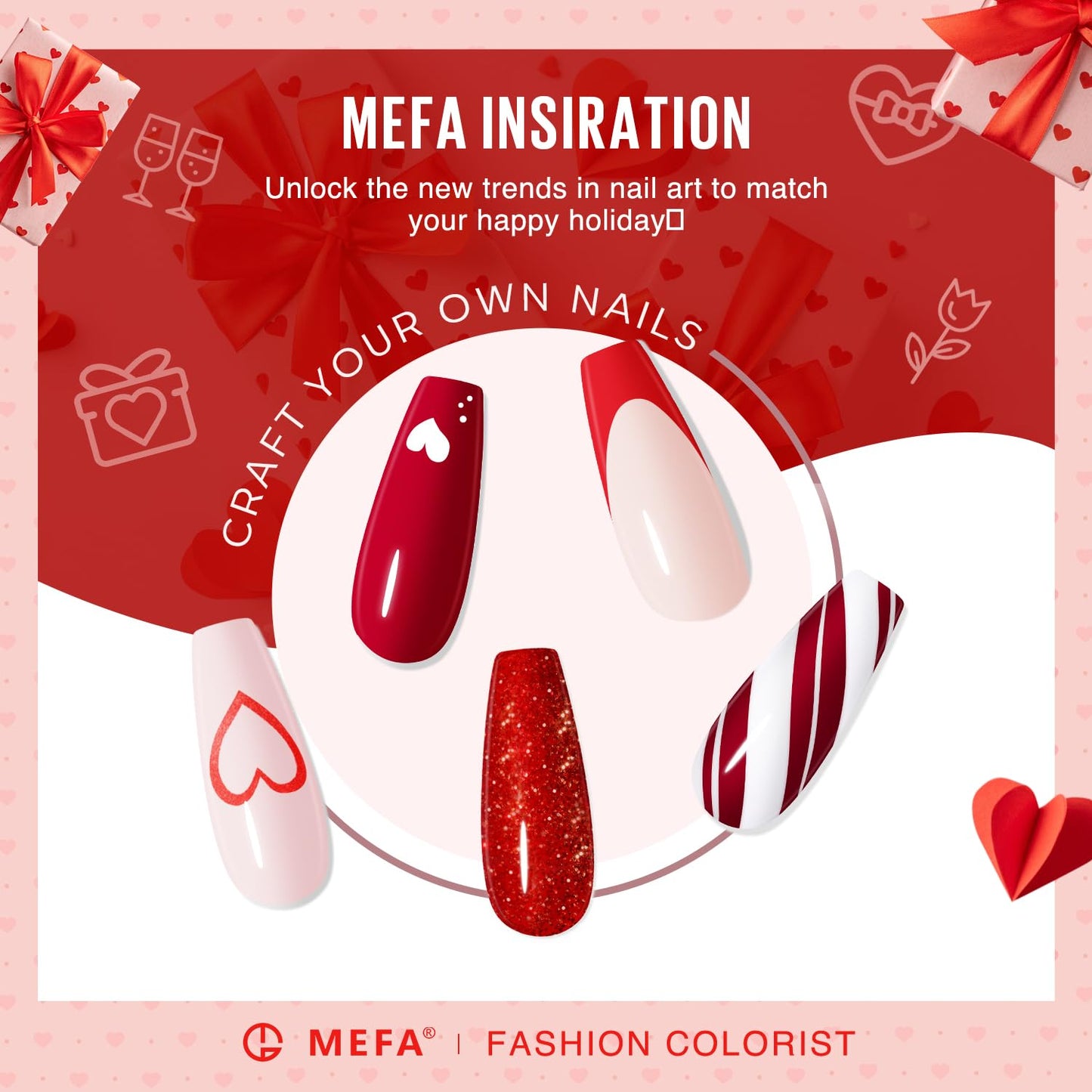 MEFA 6 Colors Red Gel Nail Polish Set, Fall Winter Christmas Glitter Shades Sparkle Silver Champagne Love Times Tones Salon Decorations Nail Art Design at Home Manicure DIY Kit Gifts for Women Girl