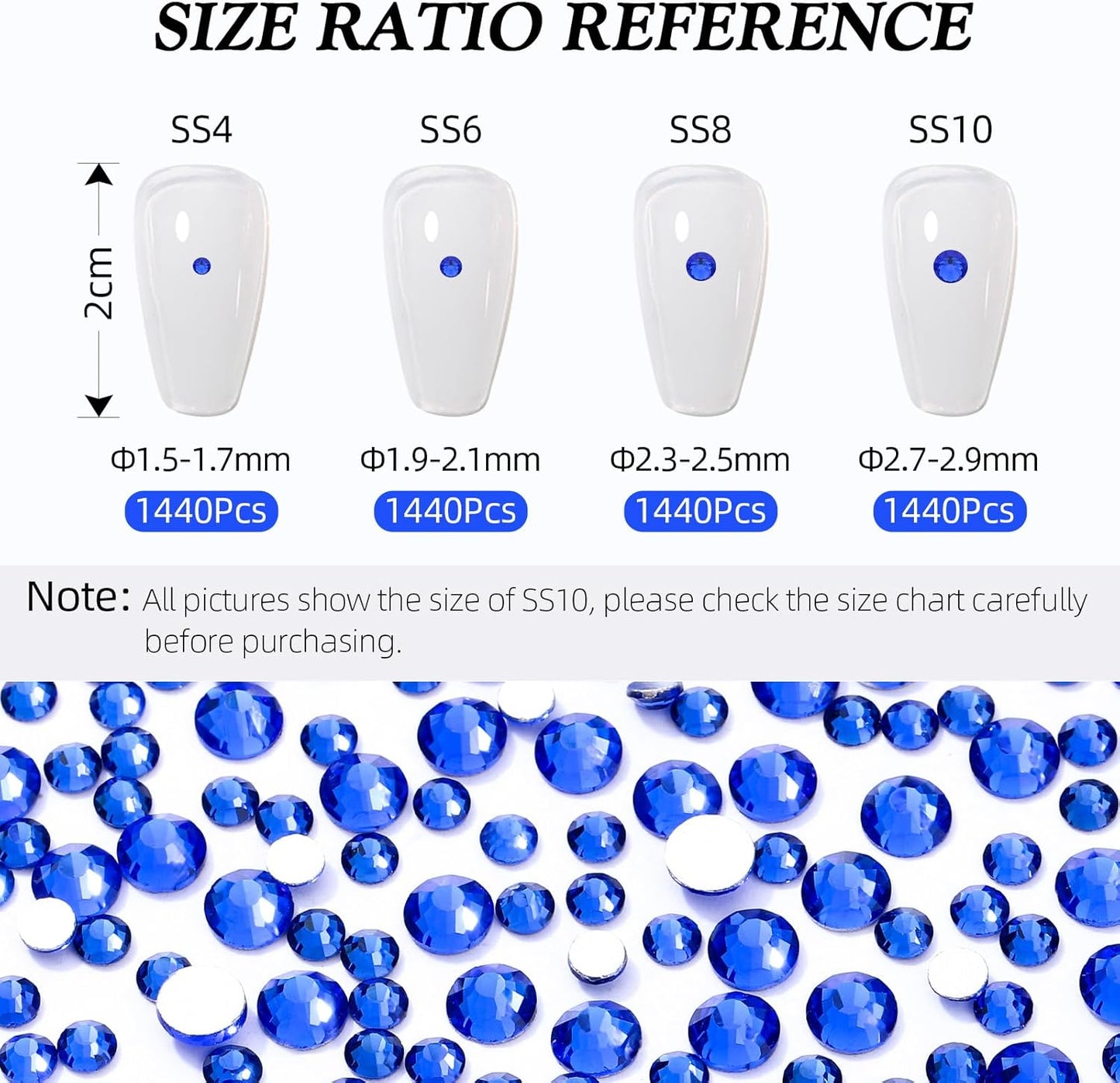 Sapphire Flatback Rhinestones, Glass Rhinestones for Nail Art and Craft, Glue Fix, Loose Crystal Gemstones(Blue, SS10, 1440pcs, 2.7-2.8mm)