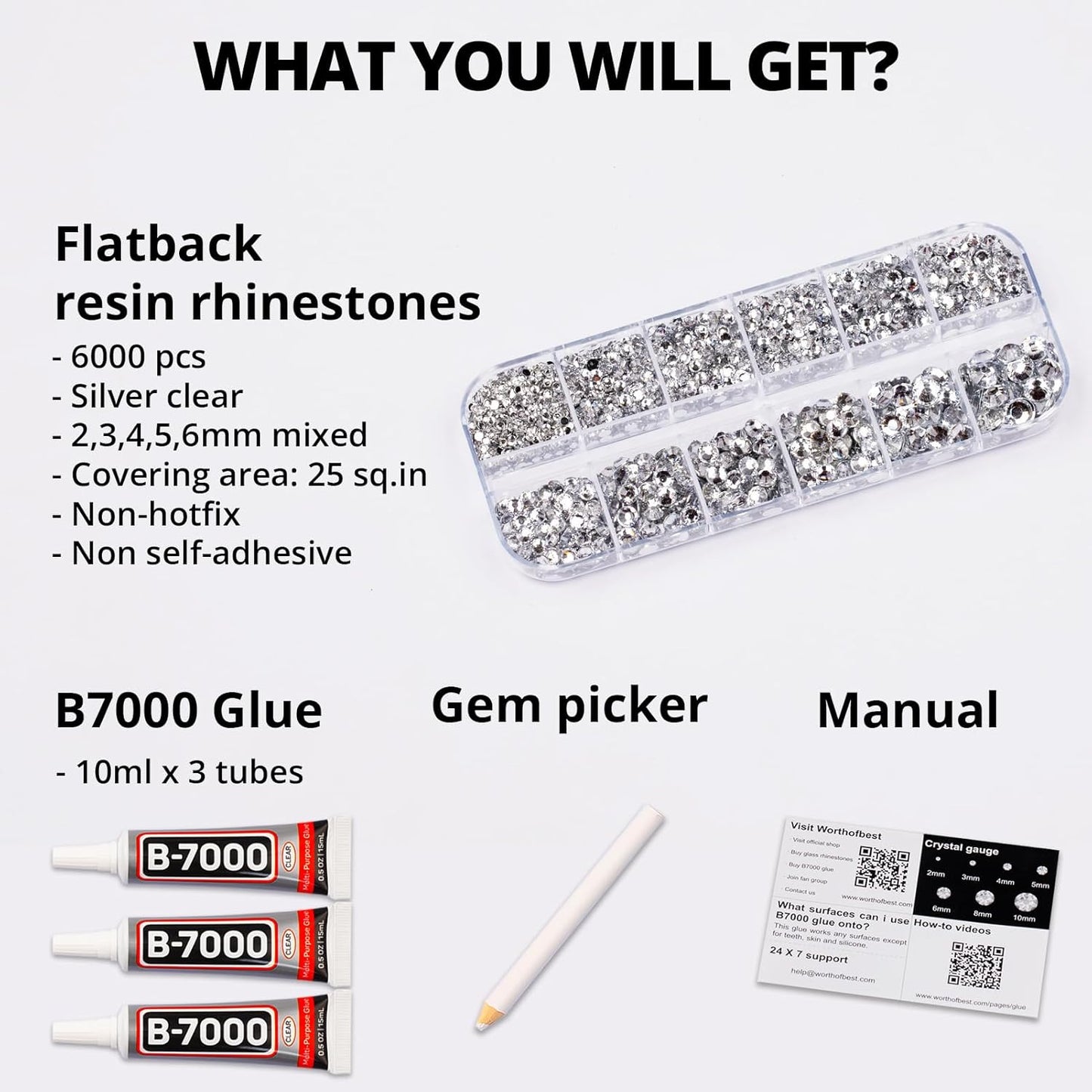 Resin Rhinestones for Crafting Bedazzling with b7000 Glue, 6000Pcs Silver Clear Flatback Gems Crystal for Crafts Clothing Clothes Shoes Nails Makeup, Flat Back Jewels Diamonds Rinestones Set Mix Sizes