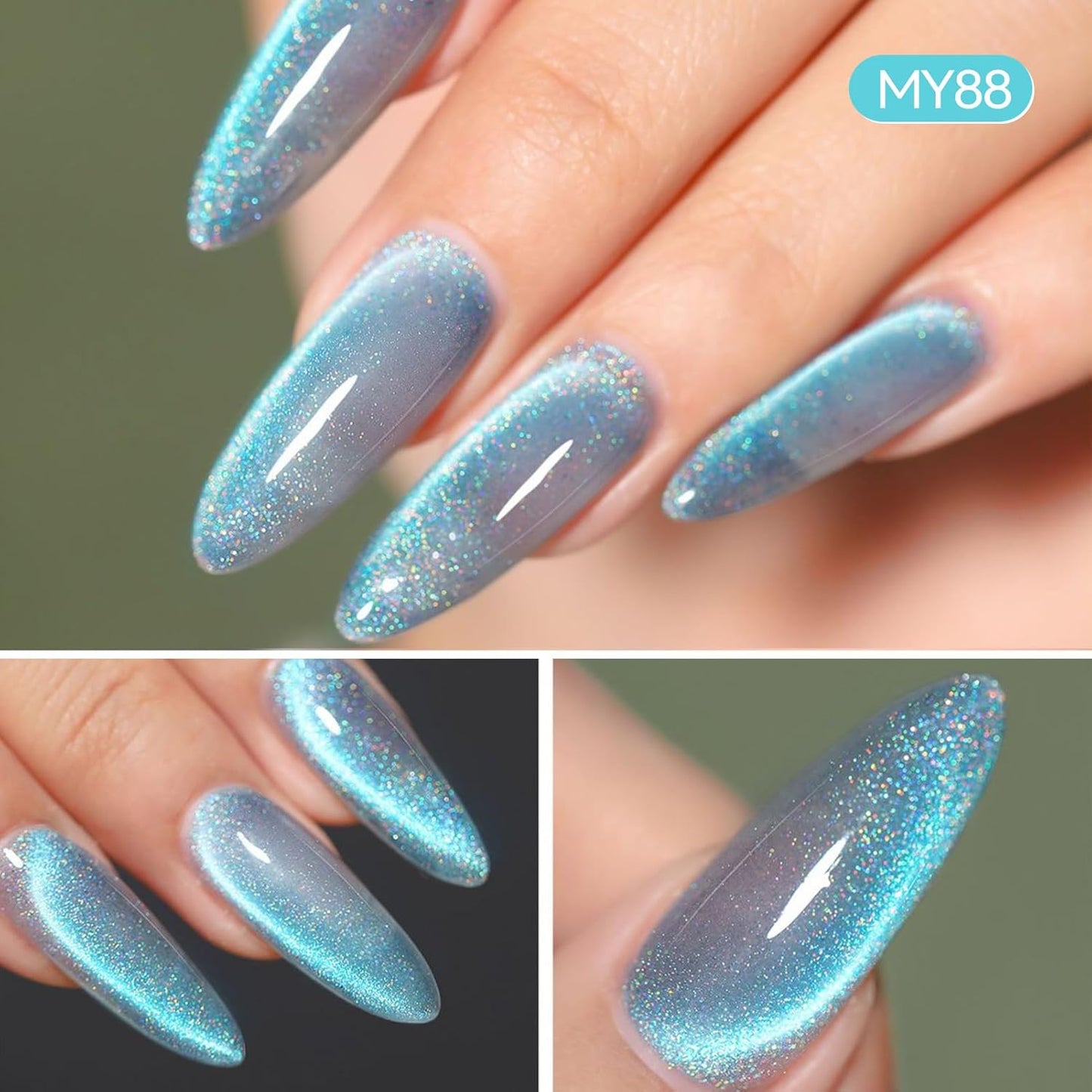 BORN PRETTY Blue Cat Magnetic Eye Gel Nail Polish, Rainbow Holographic Moonlight Glass Magnetic Gel Nail Polish 15ML