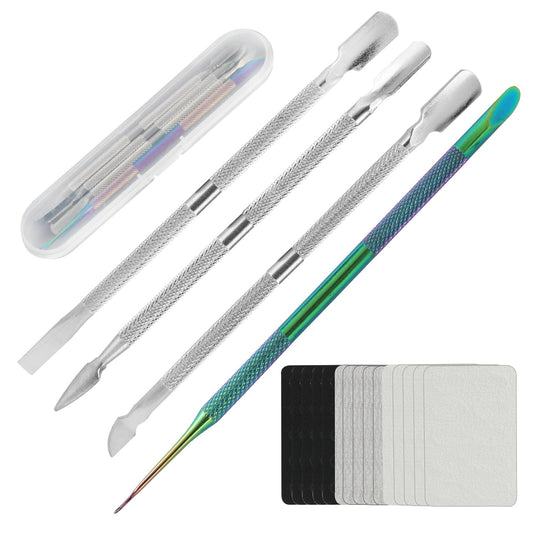 4 Pack Professional Nail Polish Around Cuticle Remover Tools, Pre-treatment Cuticle Pusher with 15 Sheets 100/180/240 Grit Sandpaper, Dual-Ended Russian Nail Polish for Manicure Pedicure Salon