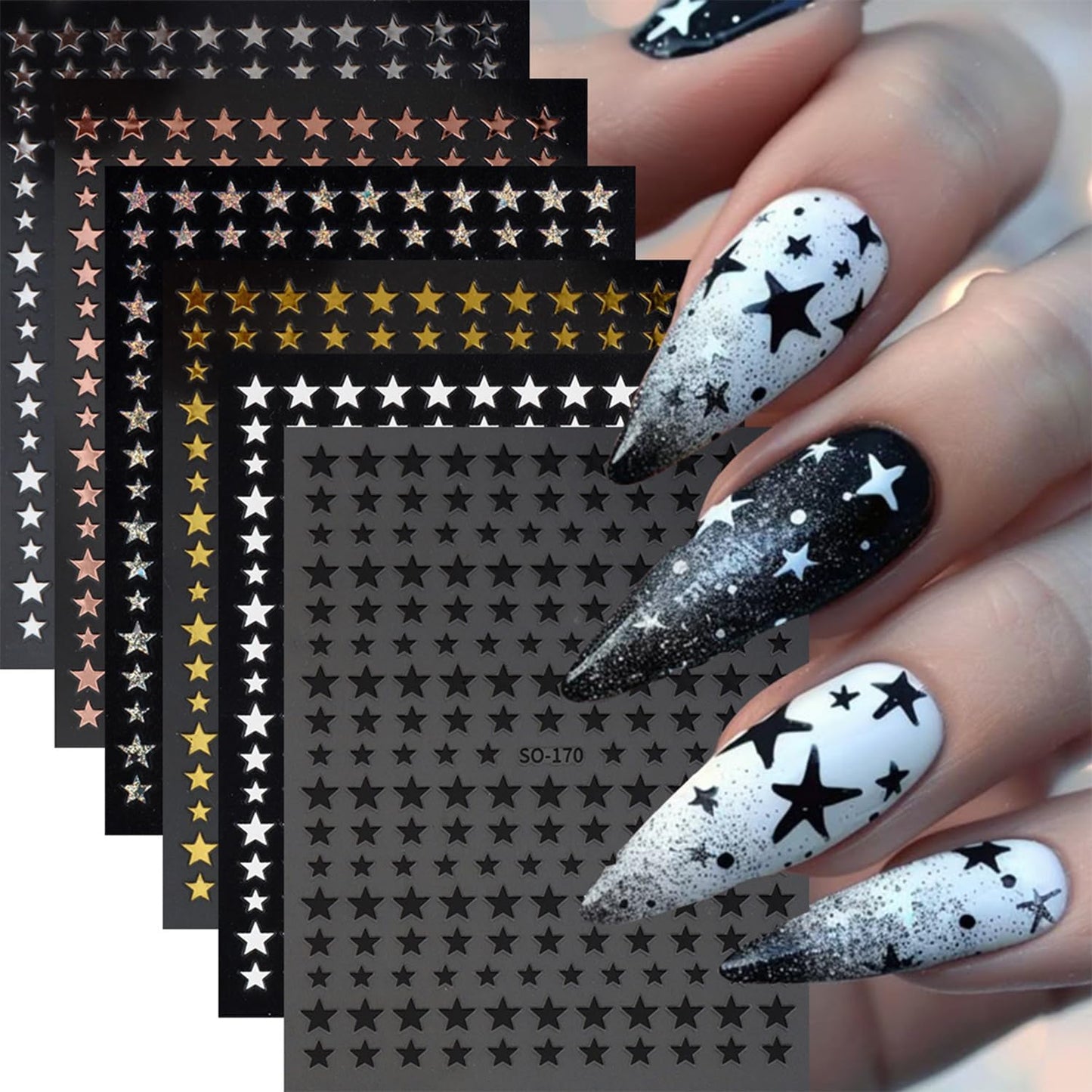 6 Sheets Star Nail Art Stickers Decals Gold Silver Star Nails Stickers for Nail Art Self-Adhesive Black White Laser Nail Decals