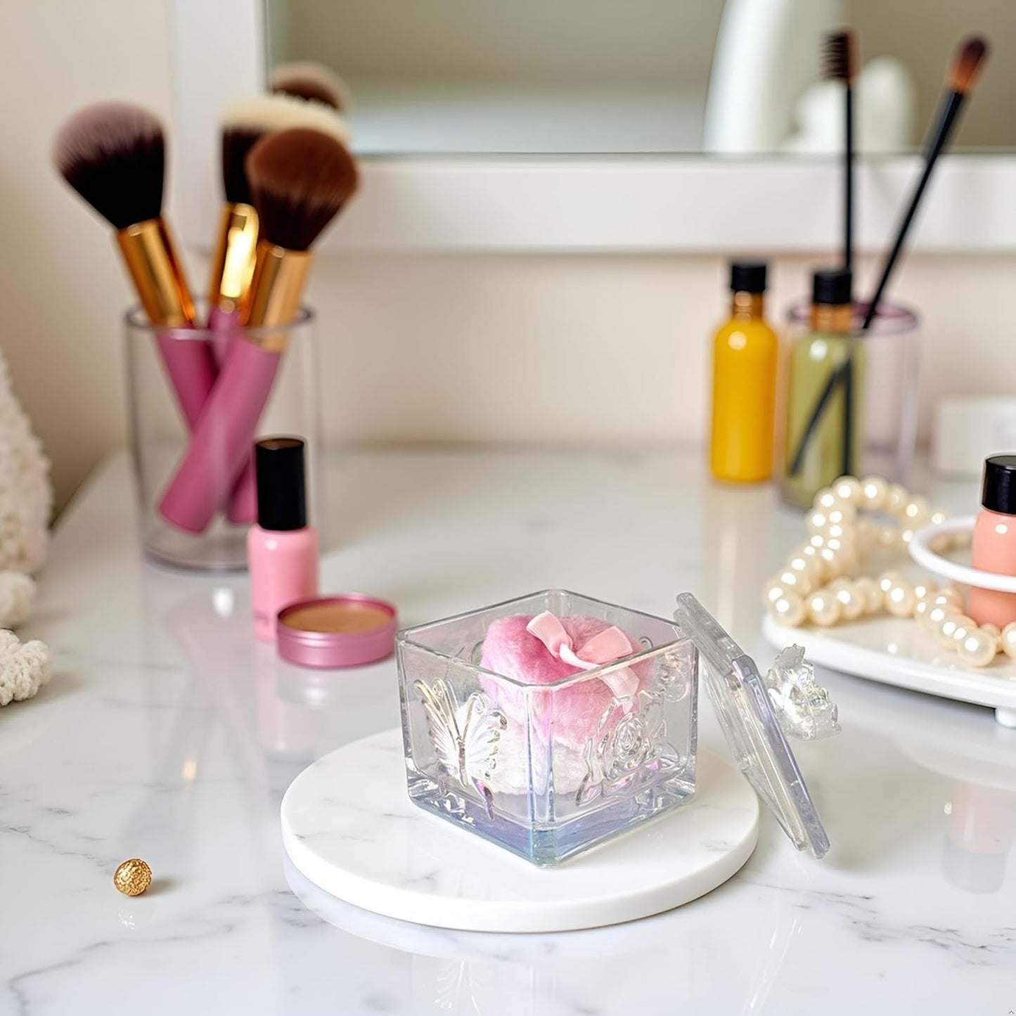 Body Powder Puff and Container - Glass Dusting Powder Container with 2 Soft Puffs – Vintage Powder Puff Case for Women & Girls (3.74x3.74x4.53 H in)- GRB013-Multi