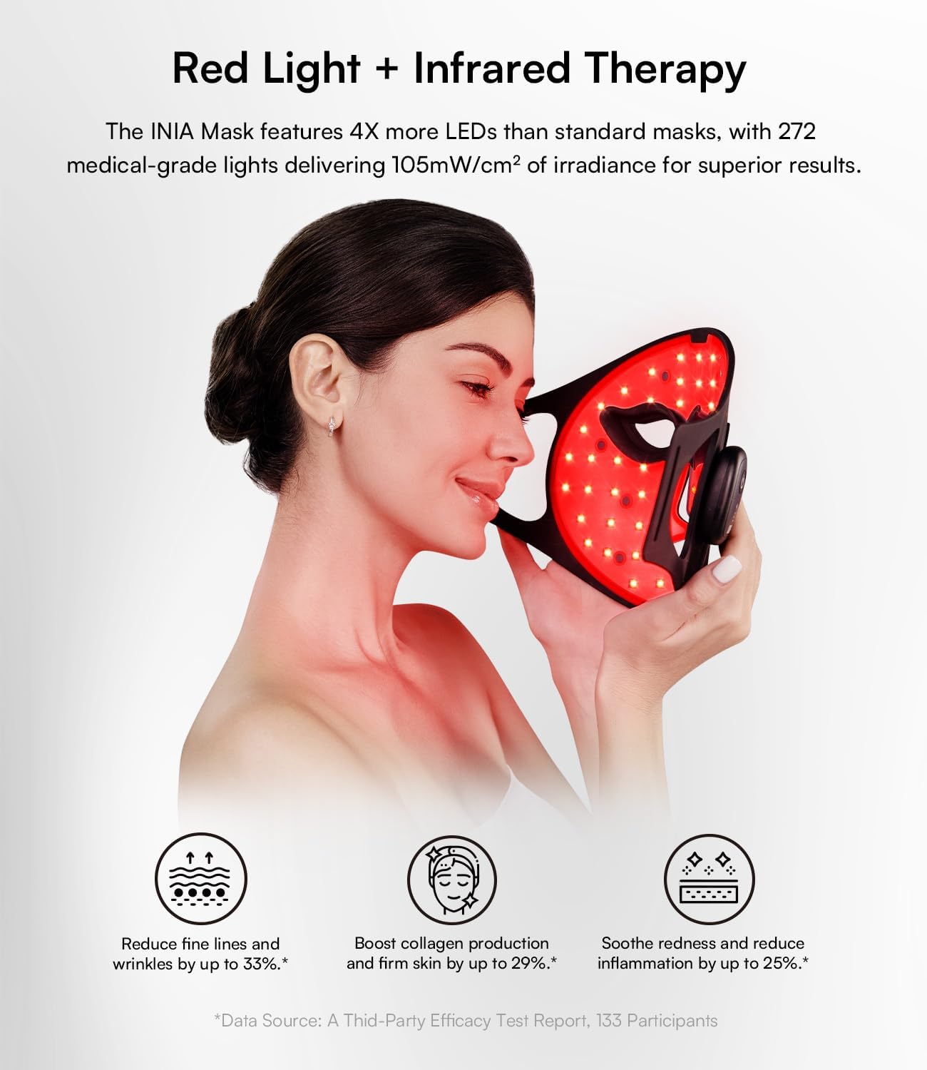 INIA Red Light Therapy Mask for Face, Glow Wireless LED Face Mask Light Therapy with Near-Infrared Red Light (NIR), Rechargeable and Ergonomic Design for Home & Travel