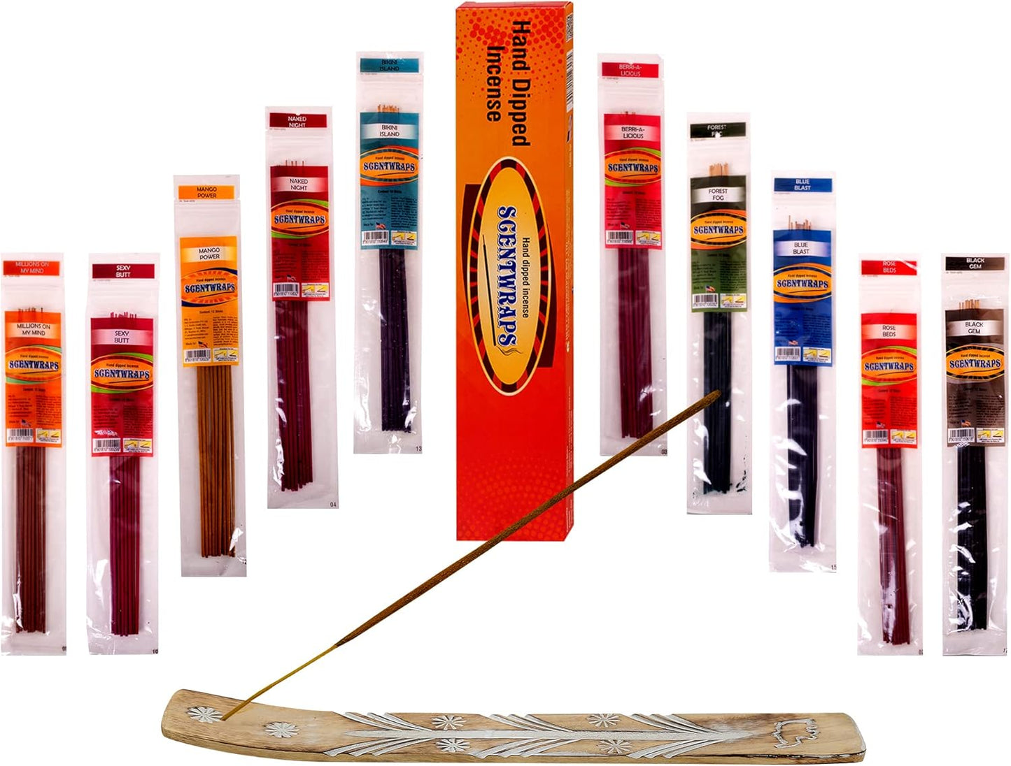 Hem Incense Sticks -10 Scents Veriety Pack 12 Sticks Each-11 Inches, 120 Total Stick- with Natural Inscent Holder, Aromatic Assorted Hand Dipped Insense-Sticks