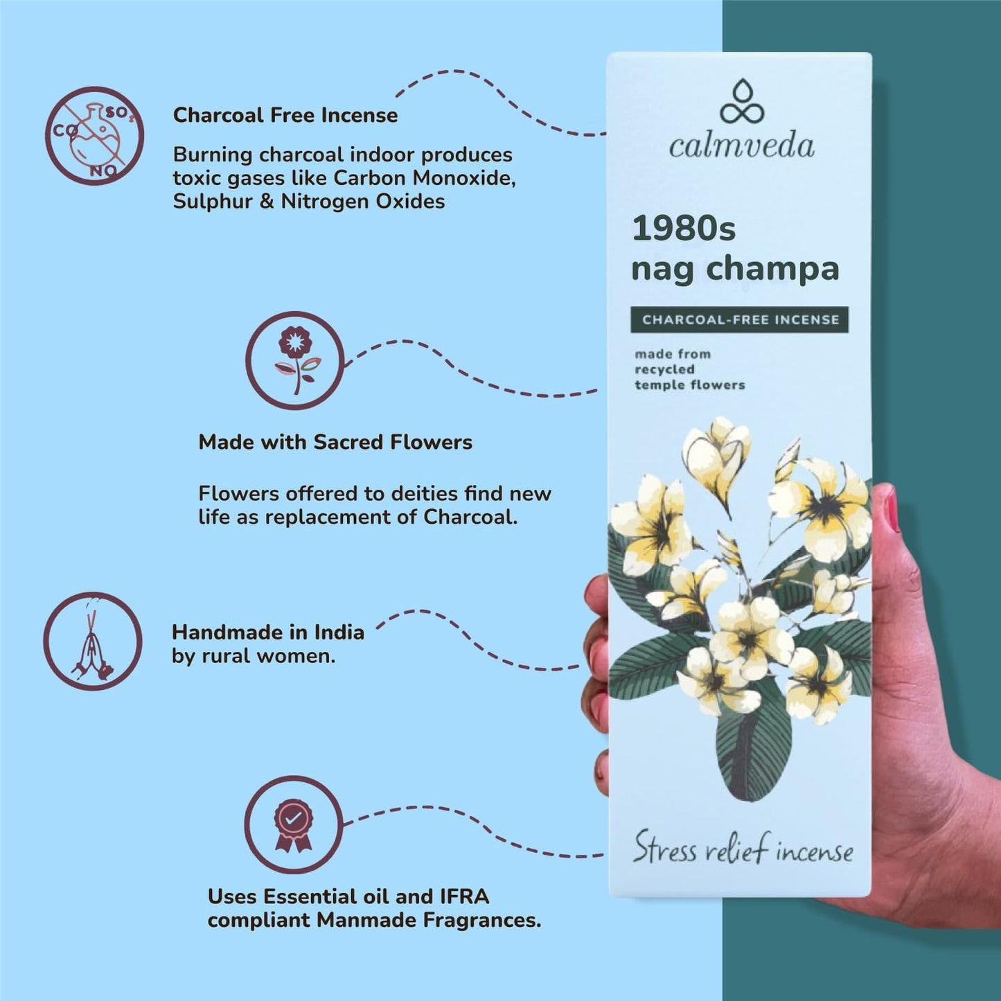 1980s Nag Champa Incense Sticks - Earthy, Floral Scent Blended with White Musk Incense (80 Sticks) | Charcoal Free, Made with Upcycled Flowers | Stick Incense for Calming (Inciensos Aromaticos)