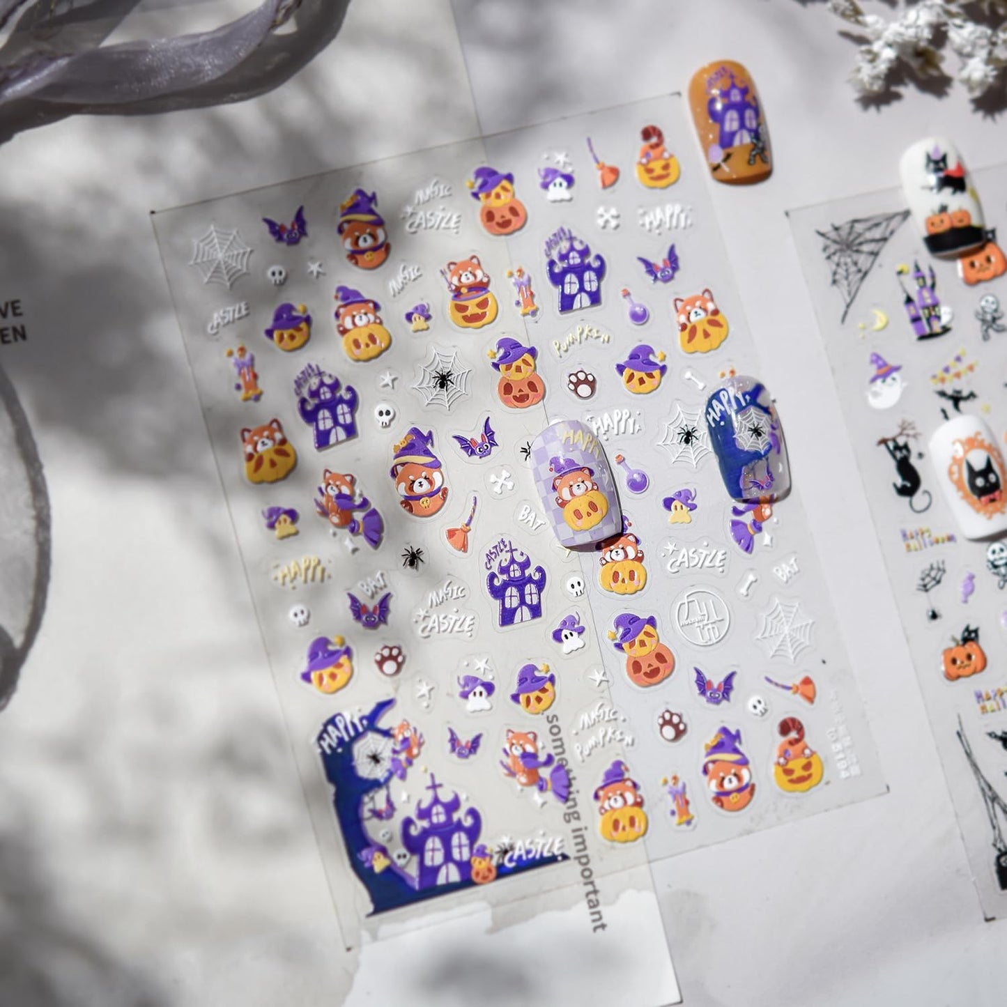 Halloween Nail Art Stickers 5D Self-Adhesive Embossed Nail Stickers Cute Pumpkin Nail Decals Haunted House Spider Web Nails Designs for Women Holiday DIY Manicure Decoration 1 Sheet