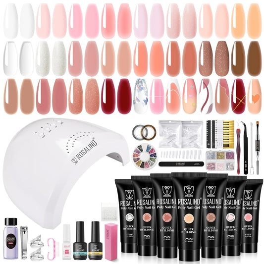 ROSALIND 20PCS Poly Nail Gel Kit with Nail Lamp White Brown Poly Nails Gel Kit Clear Nude Nail Extensions Gel Set With UV Lamp