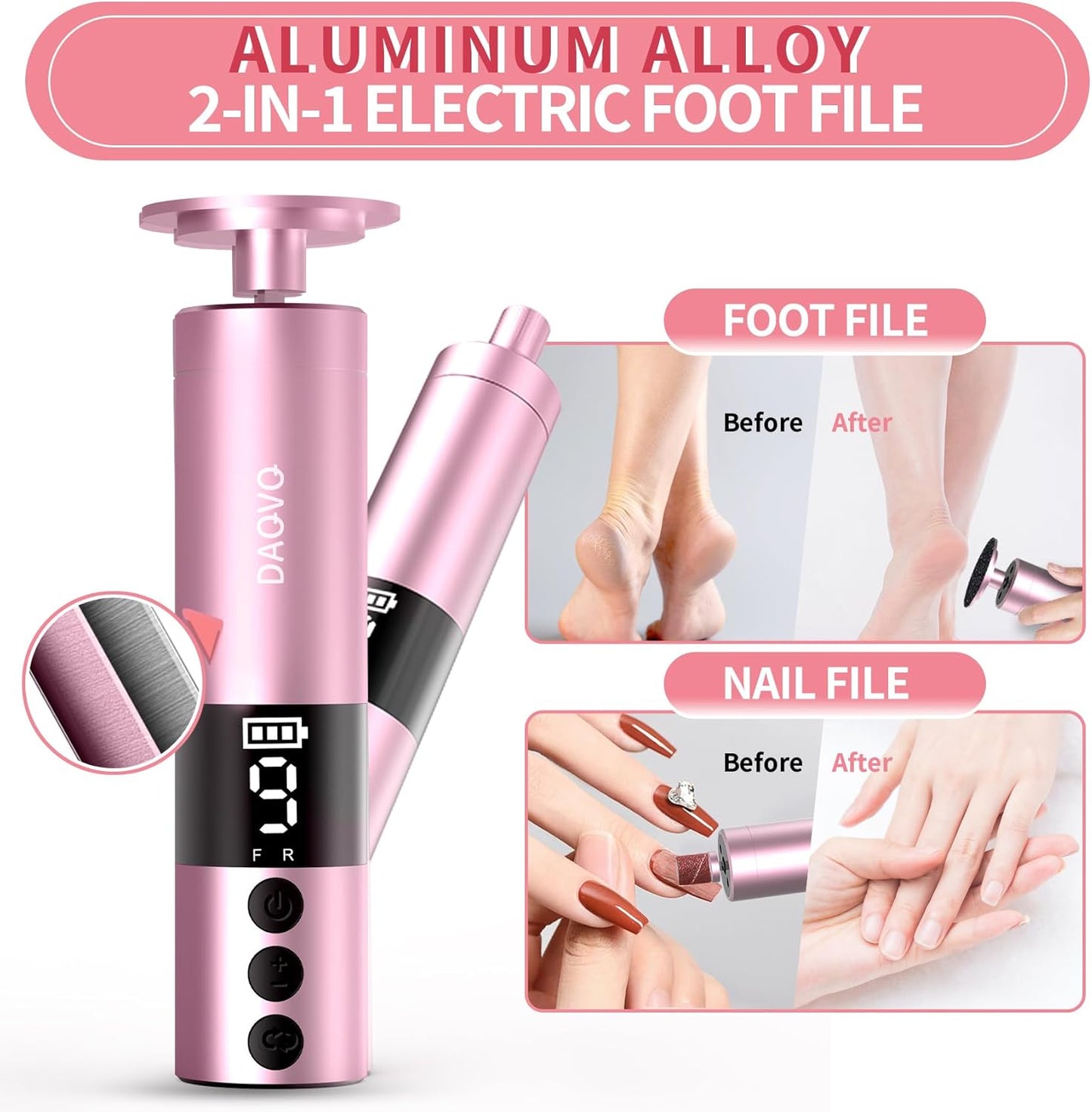 2 in 1 Electric Foot Callus Remover, USB Rechargeable Electric Foot File Grinder with 80/120 Grit Sandpaper Discs and Digital Display, Wireless Aluminum Pedicure Tools for Feet,Nail Care,Dead Skin