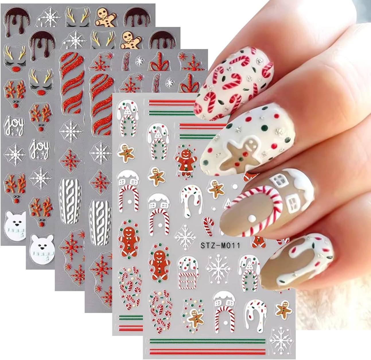 Christmas Nail Stickers,Cartoon Xmas with Cute Gingerbread Man Snowflake Candy Crutch Snowflake Gift Bow Elk French Glitter Design Self-Adhesive Decals for Nails Winter Manicure Decoration 6Sheets