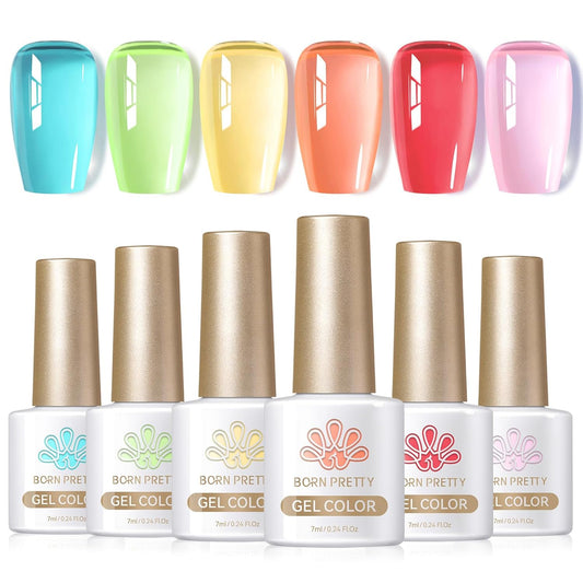 Born Pretty Jelly Gel Nail Polish Set Spring Summer Crystal Glass Translucent Pastel Gel Polish Blue Red Green Yellow Pink Soak Off U v Gel Polish 7ML 6PCS
