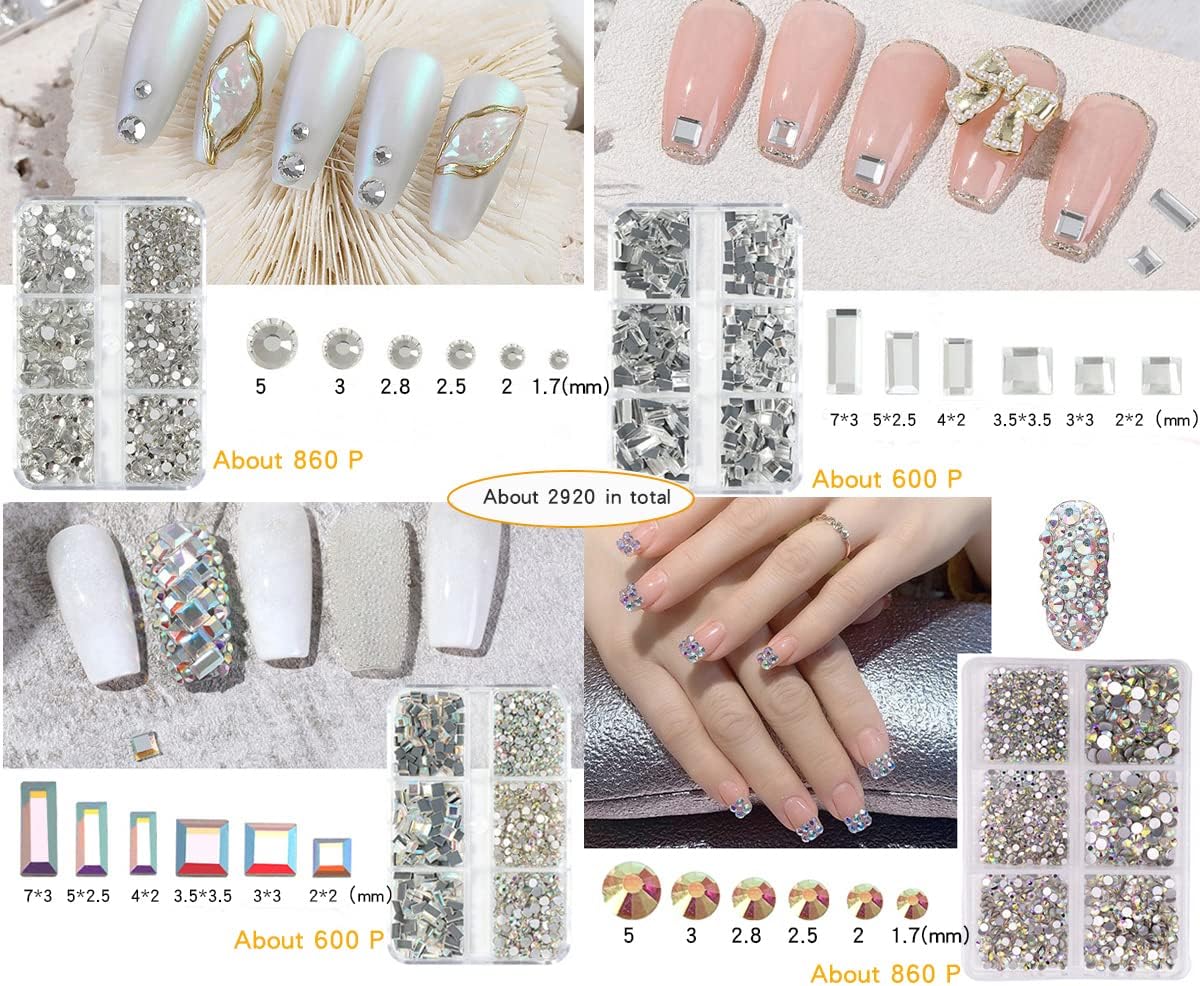 Nail Art Rhinestones K9 Glass Crystal Iridescent AB Clear Flatback Diamonds for Round &Square Gems Stones Constitute in 6 Mixed Sizes Jewels Set for Nail Design DIY Multiple 2920PCS + Pen Tweezers