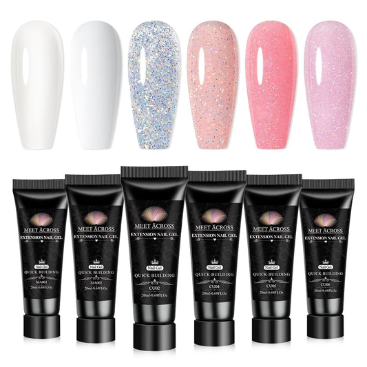 MEET ACROSS Poly Nail Gel Set - 6 Colors Glitter Extension Nails, Long Lasting, Shiny-looking, Strong Builder Enhancement for Salon Manicure DIY at Home 20ML Clear White Glitter Pink