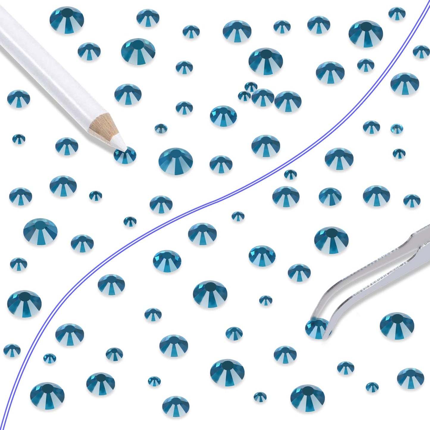 LPBeads 6000 Pieces Peacock Blue Zircon Non Hotfix Rhinestones 6 Sizes Round Crystal Glass Flat Back Rhinestones with Tweezers and Picking Pen for Nail Art Crafts Clothes Bags DIY