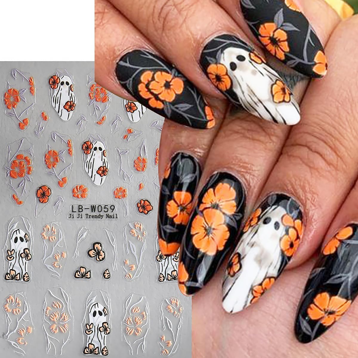 4 Sheets Cute Ghost Nail Art Stickers and Halloween French Flower Nail Decals Design 5D Self-Adhesive Brown Green Spider Web Nail Stickers Personalized Nail Art Supplies Stickers for DIY Manicure