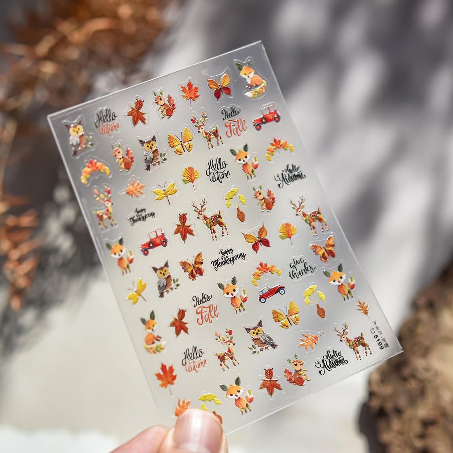 1 Sheet Animal Print Nail Art Stickers 5D Embossed Fox Nail Stickers 3D Self-Adhesive Squirrel Nail Decals Autumn Elk Owl Nail Designs Orange Maple Car Nail Art Decoration for Women Girls Manicure