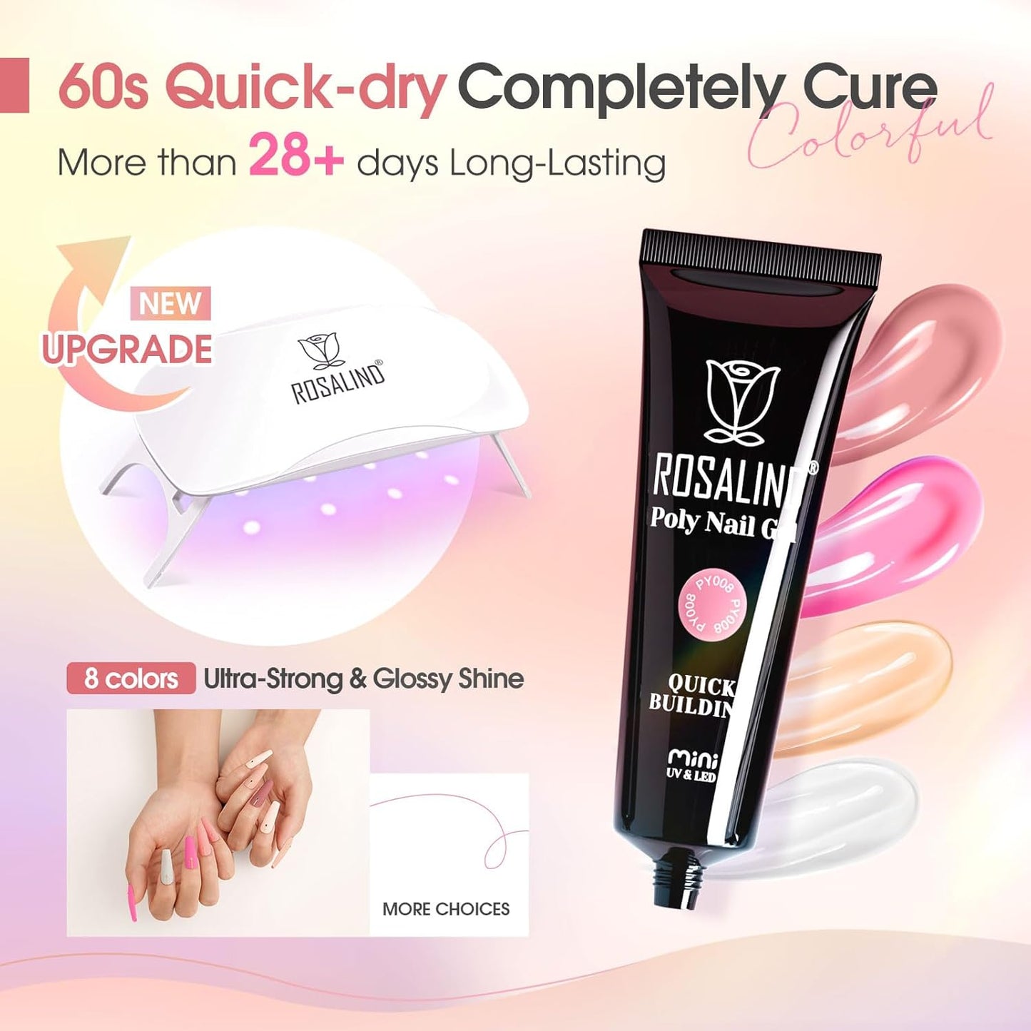 ROSALIND 8PCS Poly Nail Gel Kit with Mini Nail Lamp Clear Nude Purple Brown Poly Extension Gel Kit Mini Starter Kit