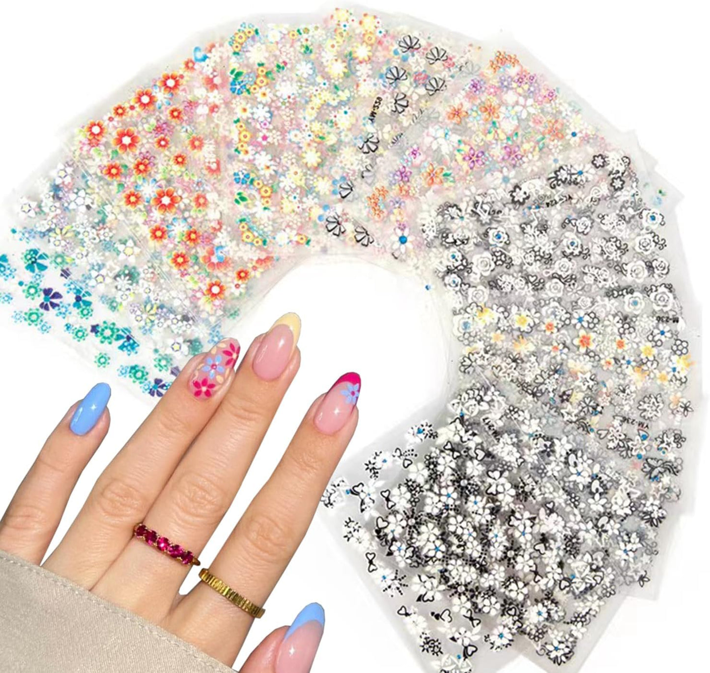 30Sheets Flower Nail Art Stickers White Black Colorful Flowers Nail Decals Daisy Rose Cherry Blossoms Nail Design Supplies 3D Self-Adhesive Floral Nail Stickers for Women DIY Nail Charms Decoration