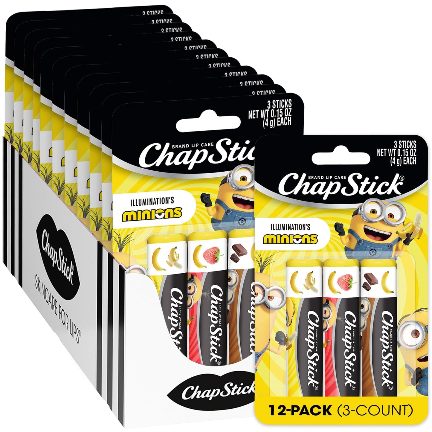 ChapStick Bulk Lip Balm Sets, Minions, 12 Banana Variety 3-Packs (36 Sticks Total), Party Favors for Kids, 0.15 Oz Ea