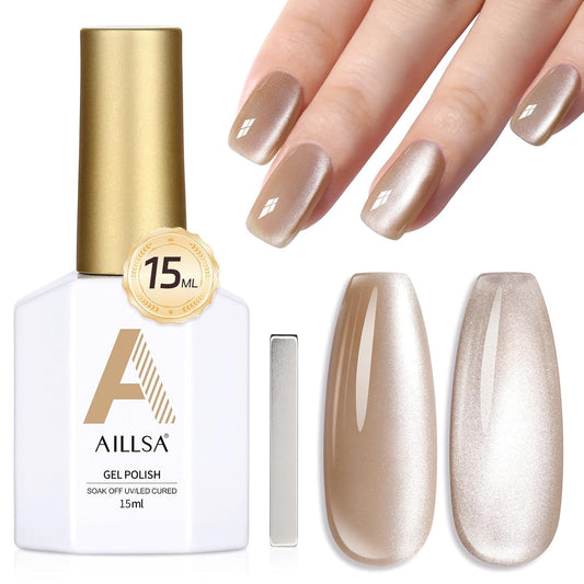 AILLSA Cat Eye Gel Nail Polish Champagne Gold Crystal Polish with Magnet, Jelly Glitter Glass Nail Polish Reflective Sparkle Translucent Shimmer Color U V Gel Salon DIY at Home 0.5 OZ GF29