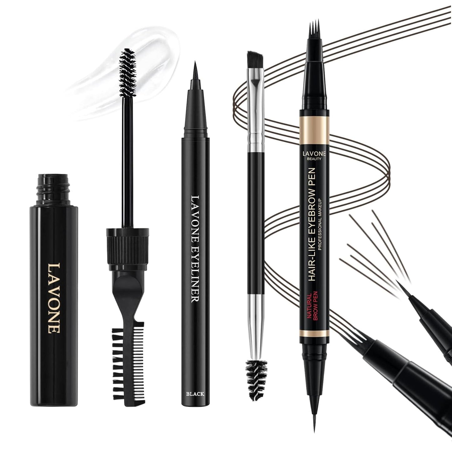 Eyebrow Pen Kit, with Microblading Eyebrow Pen, Eyebrow Gel, Eyeliner, Eyebrow Brush, Eyebrow Pencils for Women, Waterproof, Smudge Proof, Long Lasting Makeup Formula - Ebony
