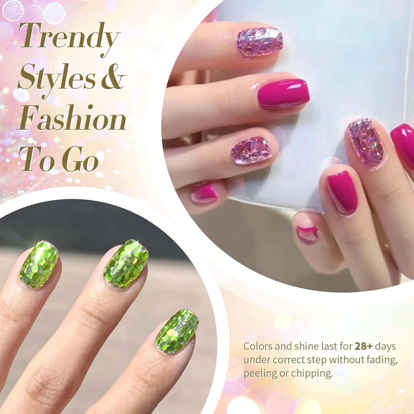 Born Pretty Glitter Gel Nail Polish with Sequins, 6 Pcs Gold Silver Purple Green Blue Hot Pink Long Lasting Sparkly Shiny U V Gel Polish Set for Manicure and Nail Art, DIY at Home, Salon-Quality 7ml