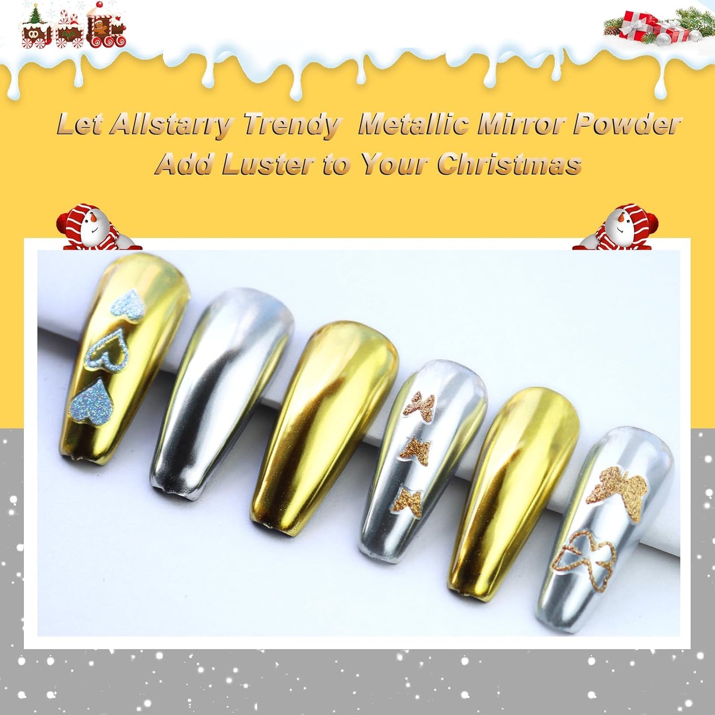 Allstarry Gold and Silver Chrome Nail Powder, 2 Colors Metallic Effect Mirror Gold Chrome Powder Pigment Shiny Holographic Manicure Pigment Siver Nail Fine Glitter Dust Kit for Nail Art