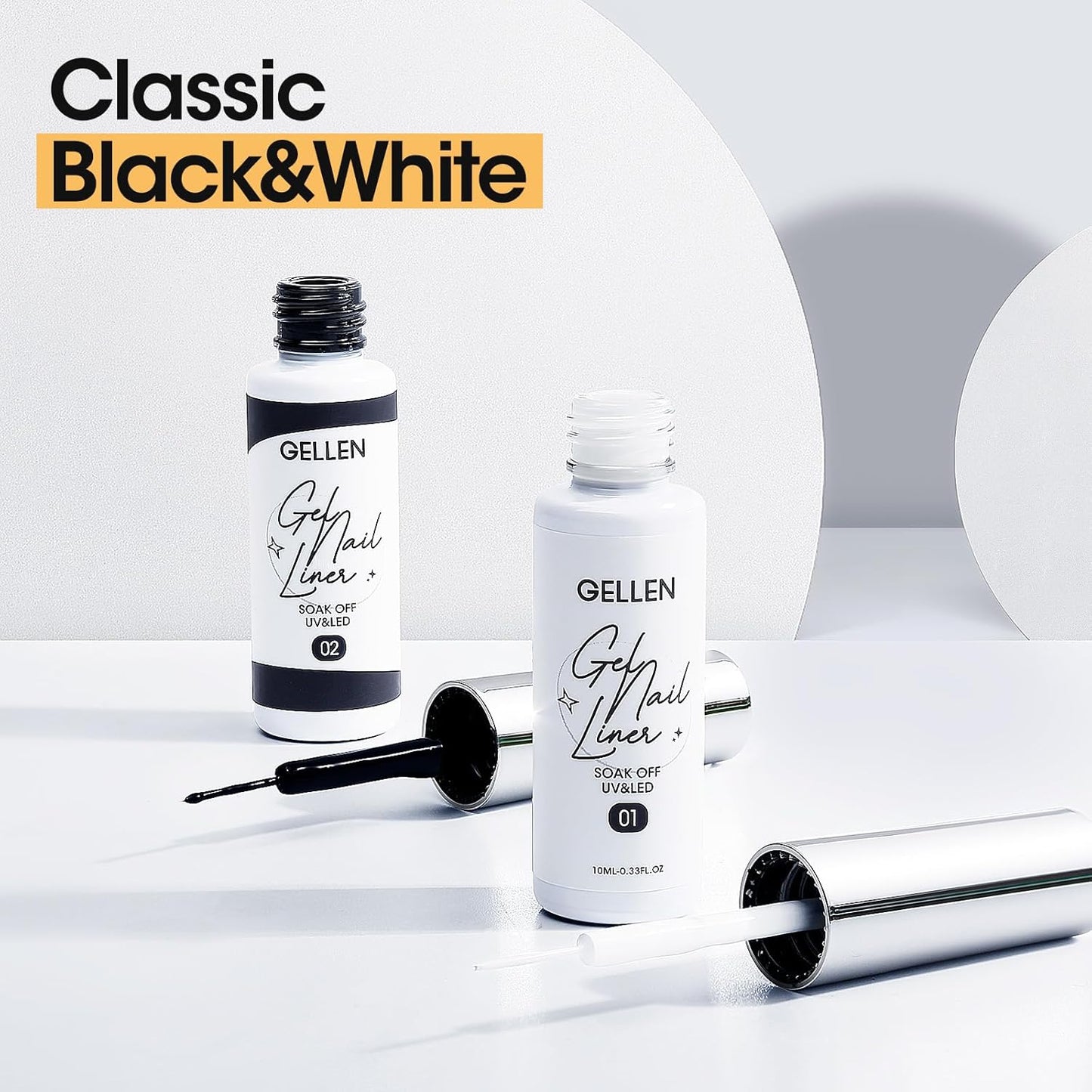 GELLEN 2 Pcs 10ml Black White Liner Gel Nail Polish, Classic Soak off Nail Lamp Nail Art Paint Gel with Thin Nail Art Brush for Euphoria Nail French Manicure