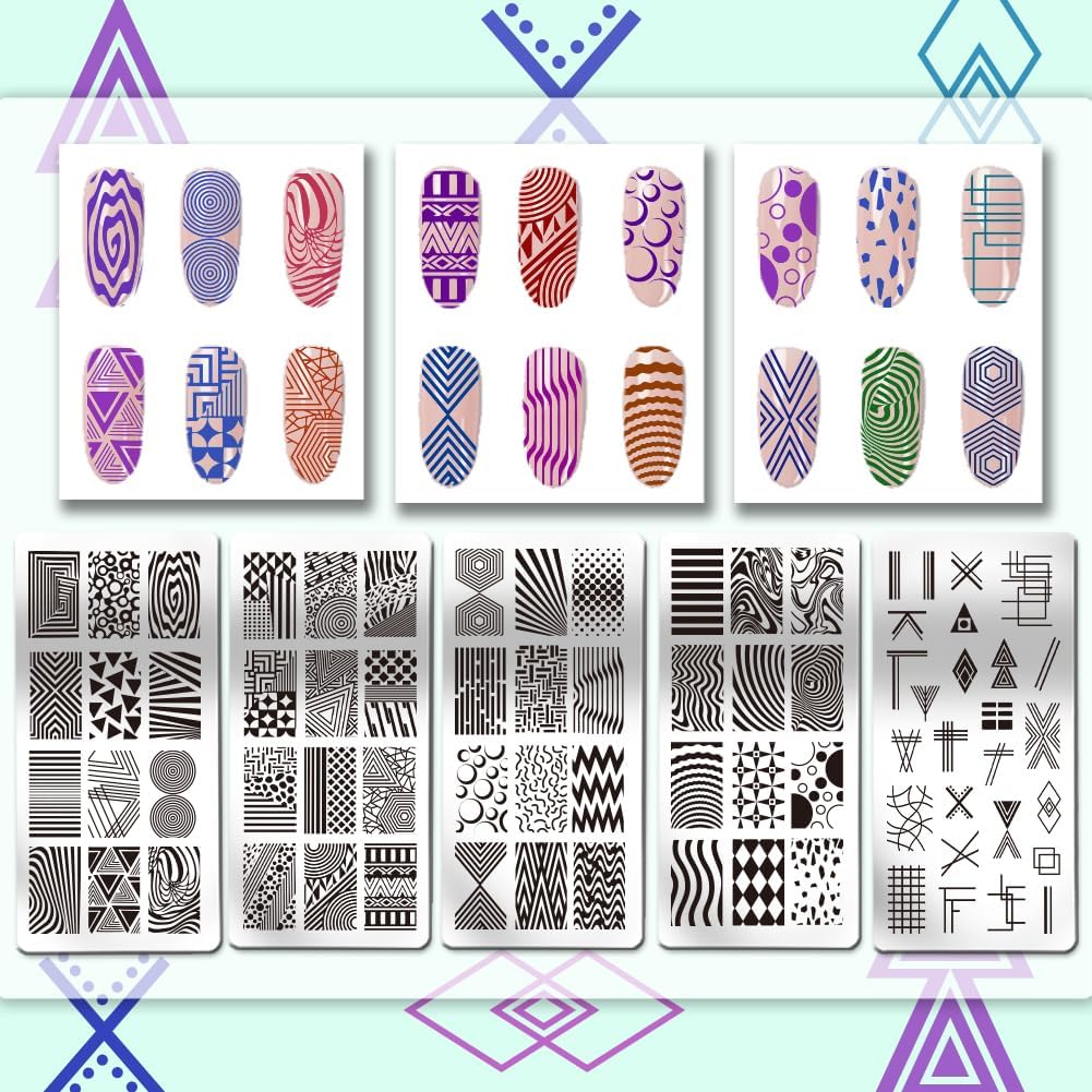PH PandaHall 5pcs Nail Art Stamping Plate, Abstract Geometric Texture Nail Stamper Line Pattern Nail Stamping Plate Print Nail Stencils Stainless Steel Nail Image Plates for Nail Art Design