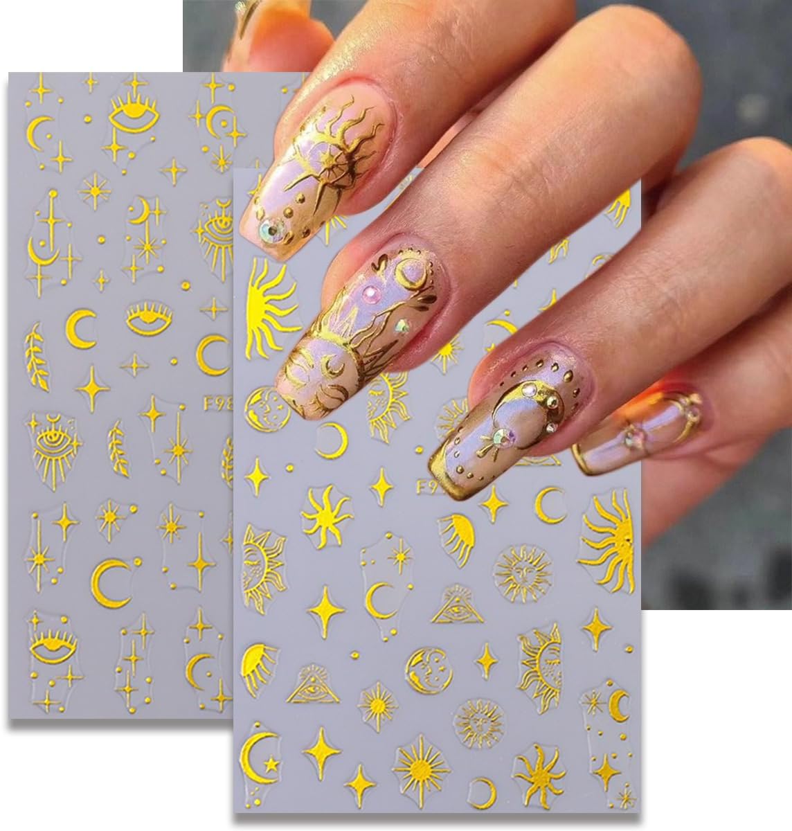 8 Sheets Metallic Sun Star Moon Nail Art Stickers 3D Self-Adhesive Gold Decals Sun God Asterisk Snake Eyes Design for Women Acrylic Nails DIY Decoration Supplies