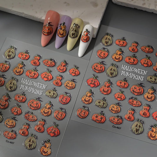 Halloween Nails Stickers Orange Pumpkins Nails Sticker 3D Embossed Horrible Pumpkins Self Adhesive Sticker Nail Decals Green Yellow Nail Art Decal Halloween Decals for Nail DIY Manicure 1Sheet