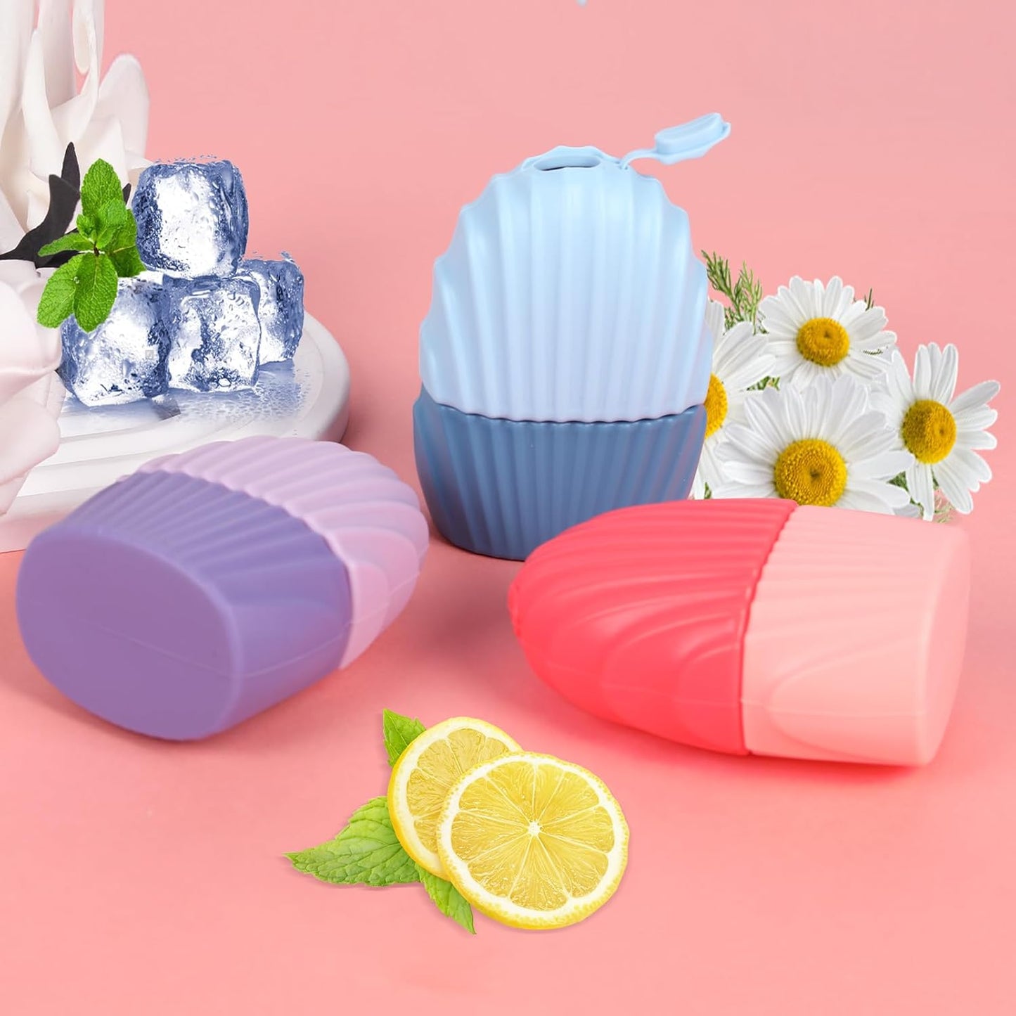 Ice Cube Roller for Face,Eyes and Neck,Reusable Silicone Ice Mold Mermaid Shell Shape for Shrink Pores Anti Wrinkle and Skin Beauty Care,Reduce Migraine Pain,Gua Sha Face Massage Tools (Blue)