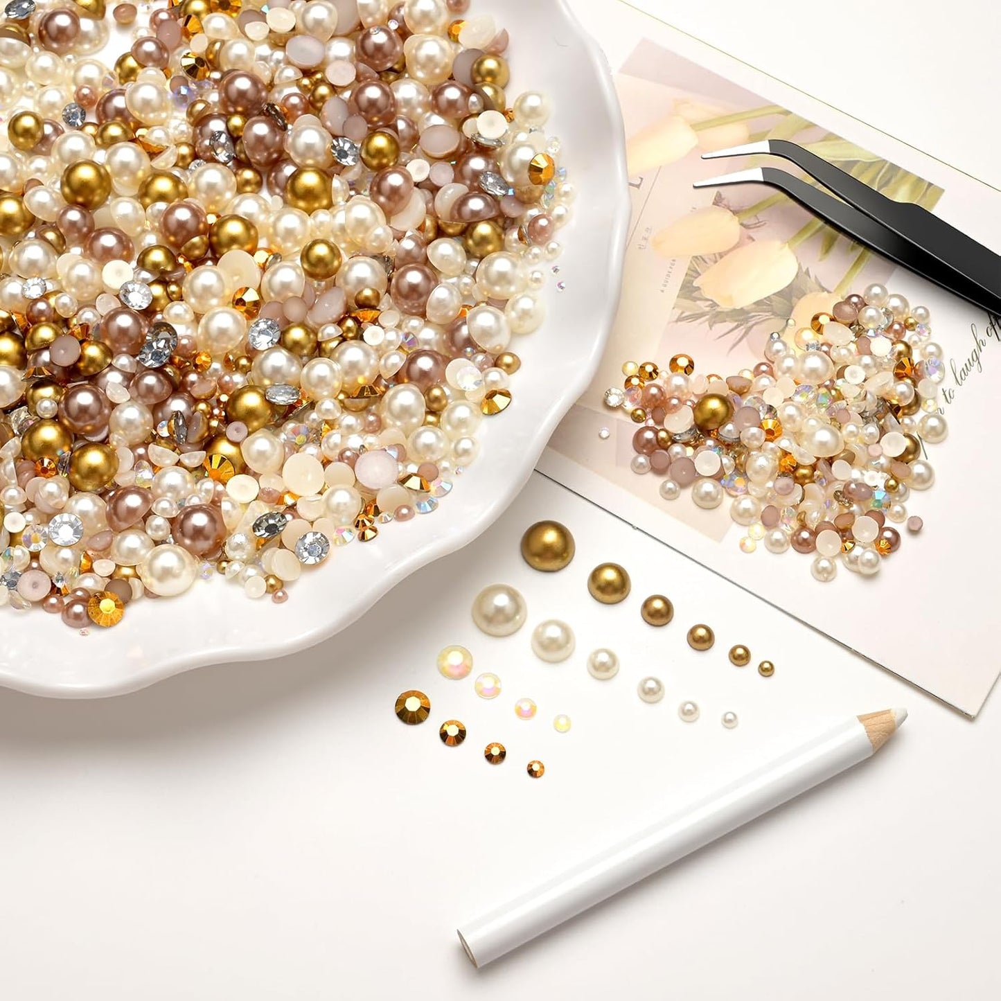 80g Mix Flatback Pearls and Rhinestones for Crafts Champagne Gold Mixed Size 2mm-10mm Half Round Pearls Rhinestones for Nail Art Tumblers Shoes DIY Bedazzling with Tweezers Wax Pen