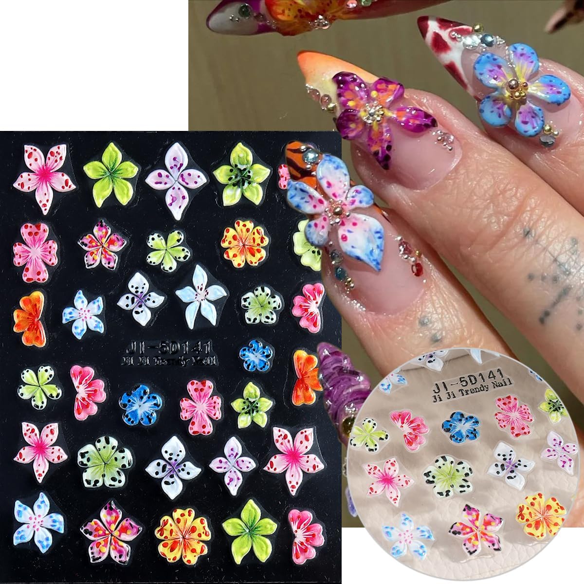 Flower Nail Stickers 5D Embossed Lily Flower Stickers for Nails Hibiscus Self Adhesive Floral Nail Decals Gold Flower Nail Charms Vacation Nail Design Pegatinas para Uñas 4 Sheet