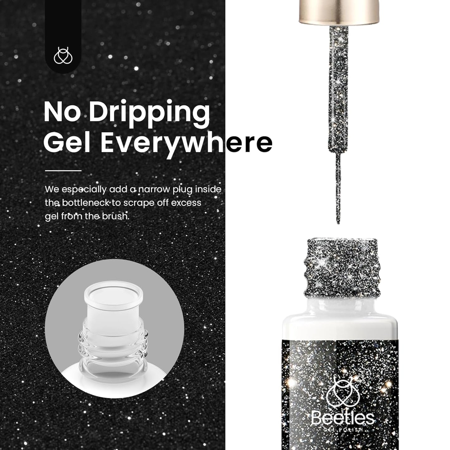 Beetles Reflective Glitter Gel Polish, 2 Pcs Liner Gel Nail Polish Set Black Silver Nail Art Gel Glitter Gel Nail Polish Diamond Shinning Liner Nail Art Design Gifts for Women New Trend