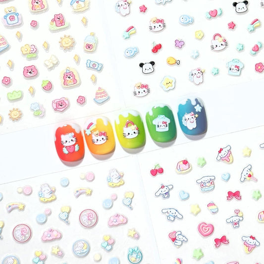 4 Sheets of 3D Nail Stickers - 274 Cute Nail Decals - Embossed Nail Stickers for Kids | Kawaii Theme - Stars, Hearts, Bunny, Pink Bear, Puppy, Cats | Glow in The Dark